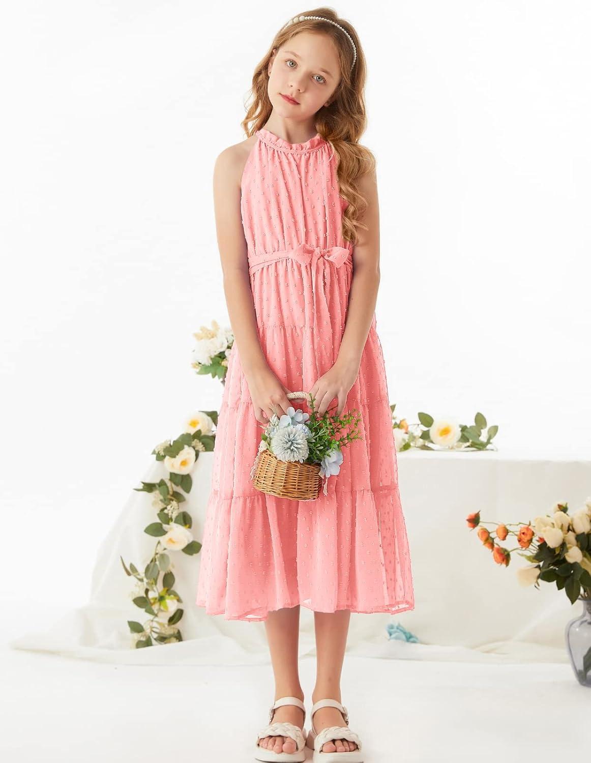 imageGRACE KARIN Girls Halter Neck Dress Sleeveless Casual Aline Flowy Summer Maxi Dress for 514 YearsLight Pink