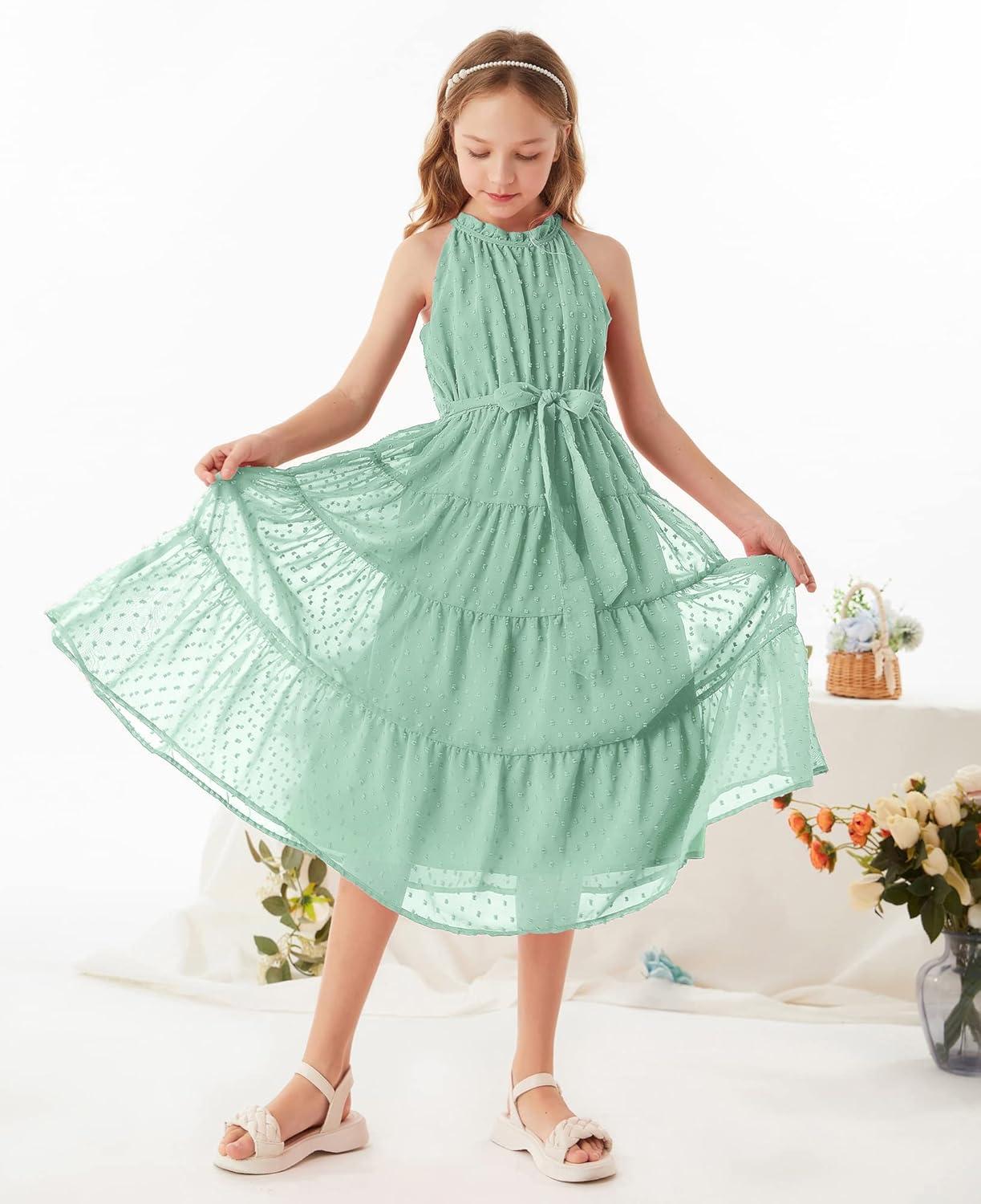 imageGRACE KARIN Girls Halter Neck Dress Sleeveless Casual Aline Flowy Summer Maxi Dress for 514 YearsMint Green