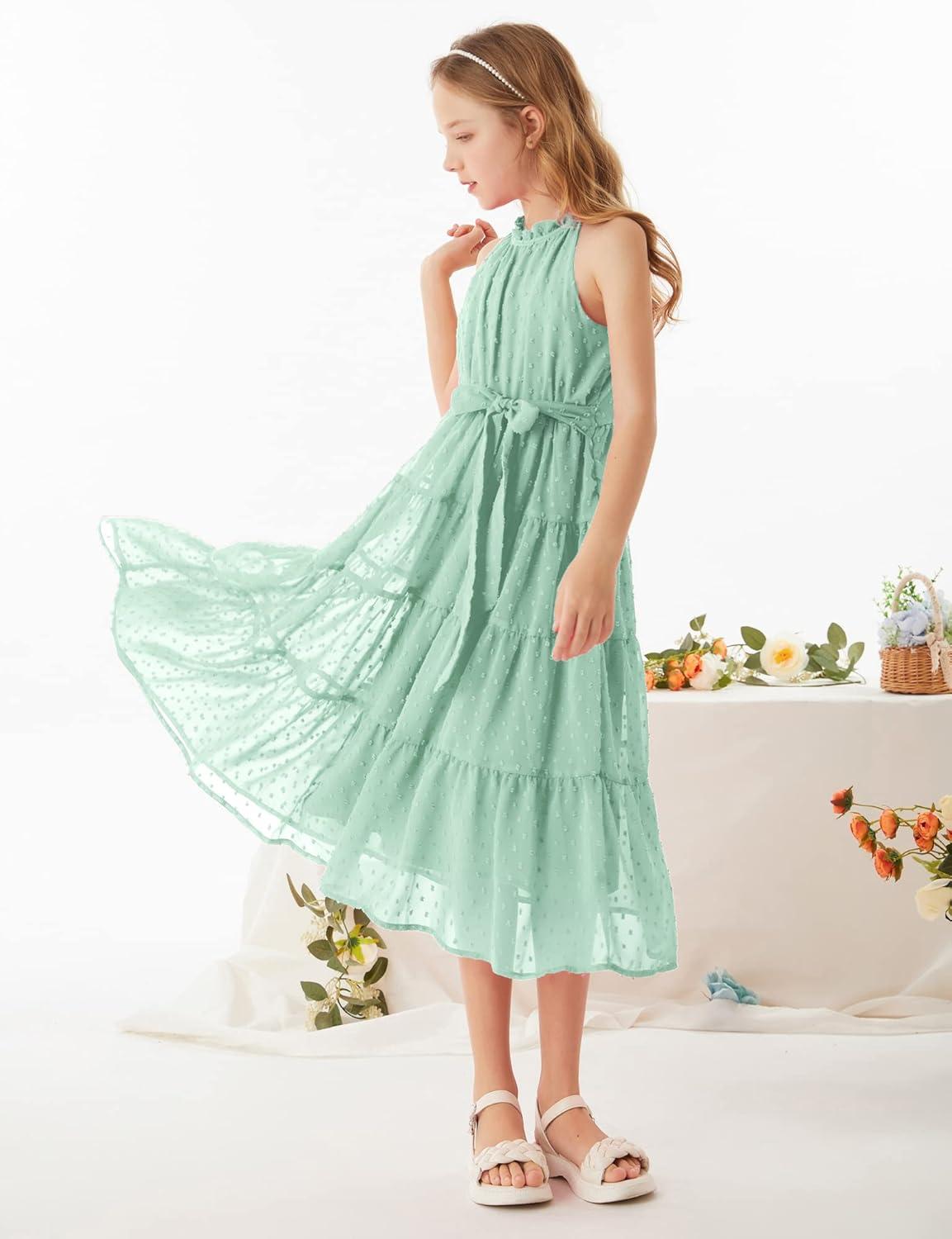 imageGRACE KARIN Girls Halter Neck Dress Sleeveless Casual Aline Flowy Summer Maxi Dress for 514 YearsMint Green