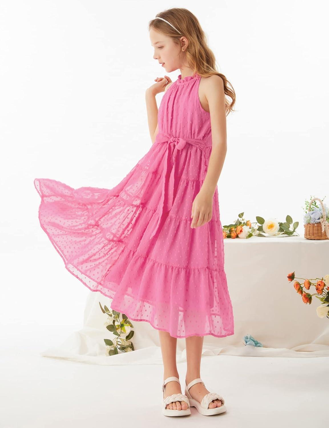 imageGRACE KARIN Girls Halter Neck Dress Sleeveless Casual Aline Flowy Summer Maxi Dress for 514 YearsPink