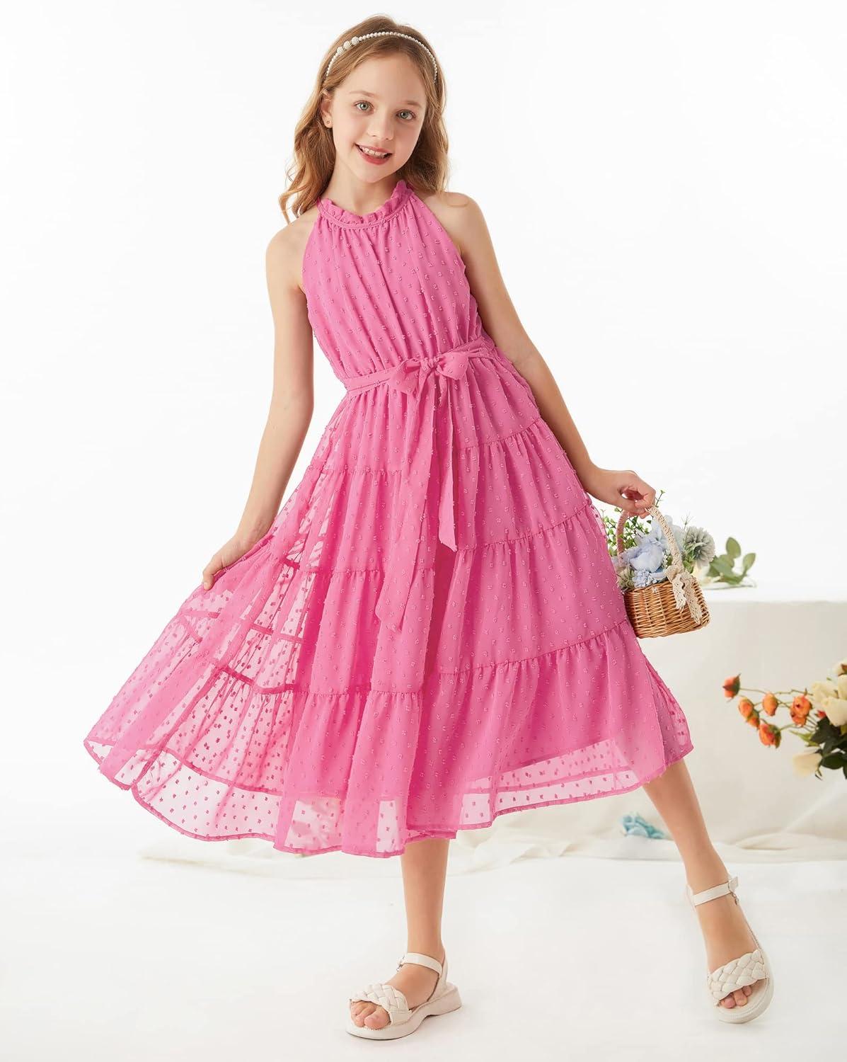 imageGRACE KARIN Girls Halter Neck Dress Sleeveless Casual Aline Flowy Summer Maxi Dress for 514 YearsPink