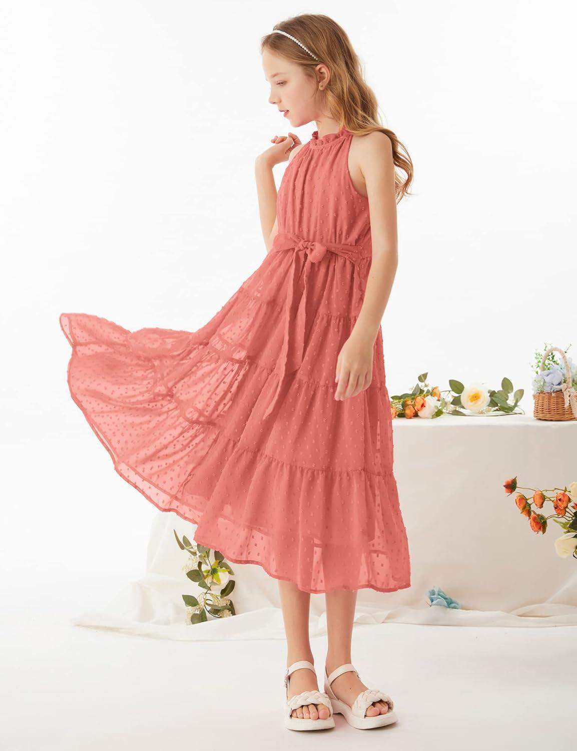 imageGRACE KARIN Girls Halter Neck Dress Sleeveless Casual Aline Flowy Summer Maxi Dress for 514 YearsPink1