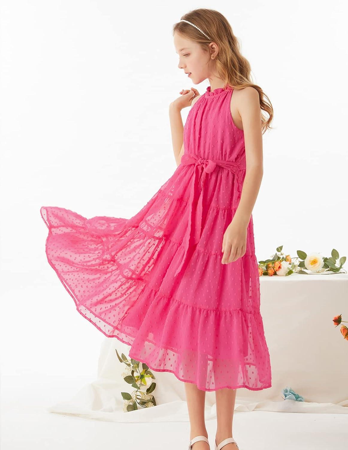 imageGRACE KARIN Girls Halter Neck Dress Sleeveless Casual Aline Flowy Summer Maxi Dress for 514 YearsRose Red