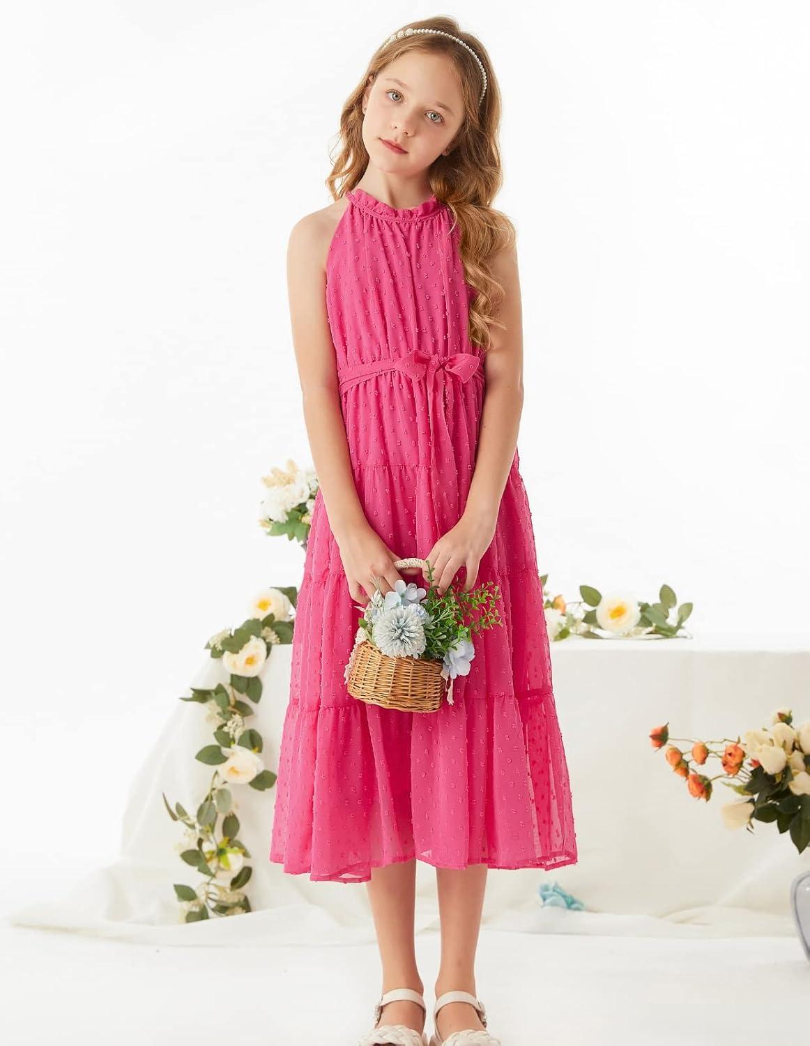 imageGRACE KARIN Girls Halter Neck Dress Sleeveless Casual Aline Flowy Summer Maxi Dress for 514 YearsRose Red