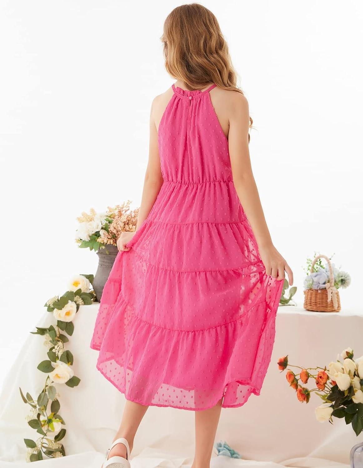 imageGRACE KARIN Girls Halter Neck Dress Sleeveless Casual Aline Flowy Summer Maxi Dress for 514 YearsRose Red
