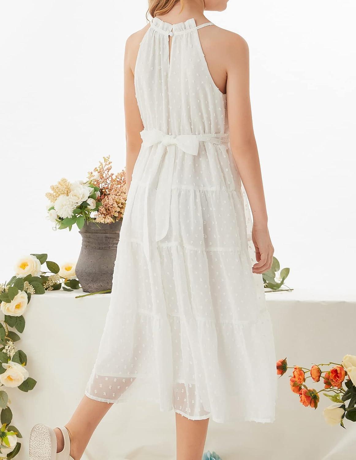 imageGRACE KARIN Girls Halter Neck Dress Sleeveless Casual Aline Flowy Summer Maxi Dress for 514 YearsWhite