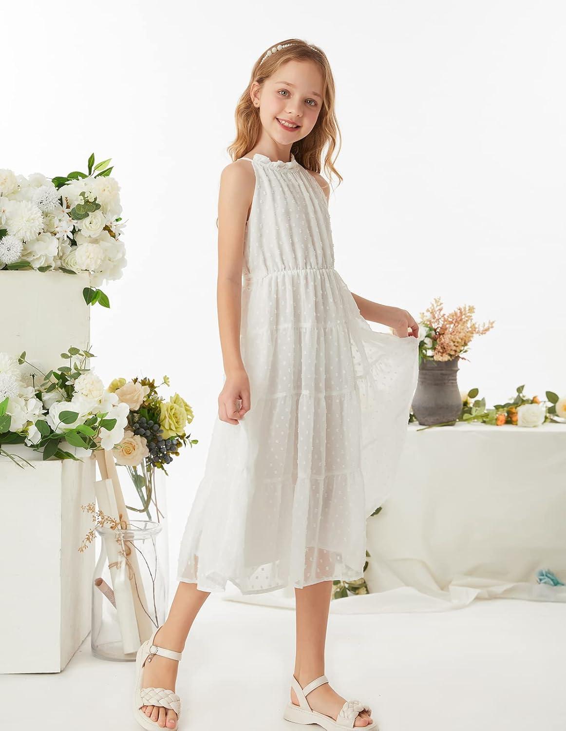 imageGRACE KARIN Girls Halter Neck Dress Sleeveless Casual Aline Flowy Summer Maxi Dress for 514 YearsWhite