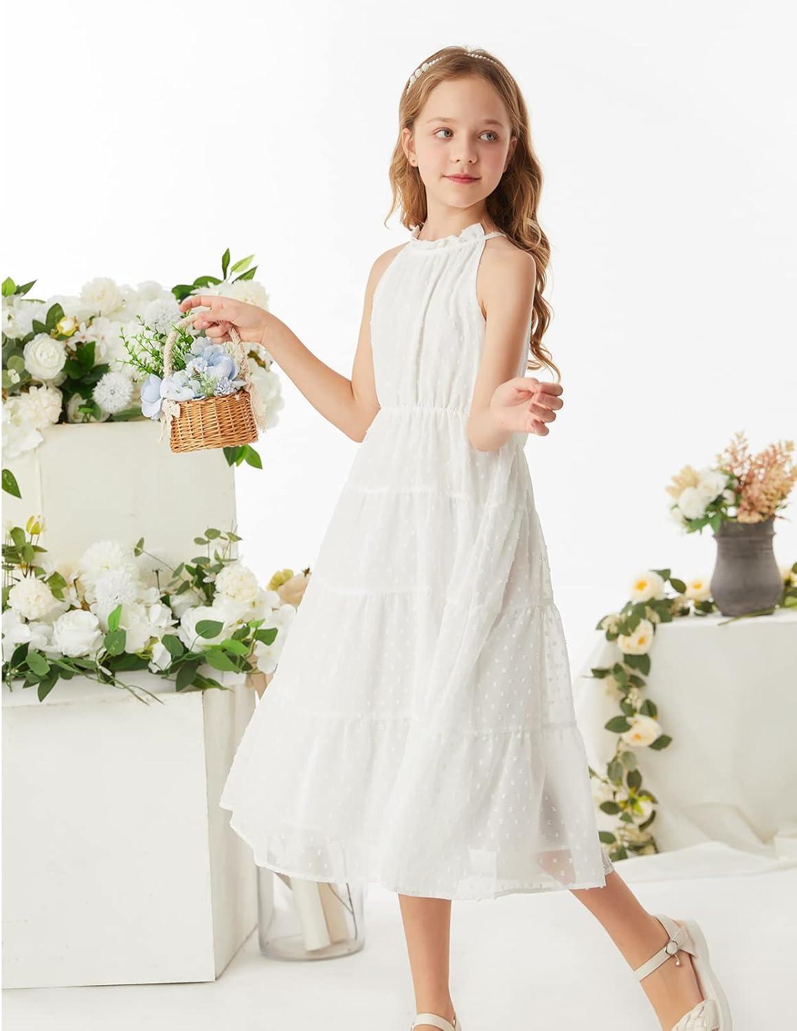 imageGRACE KARIN Girls Halter Neck Dress Sleeveless Casual Aline Flowy Summer Maxi Dress for 514 YearsWhite