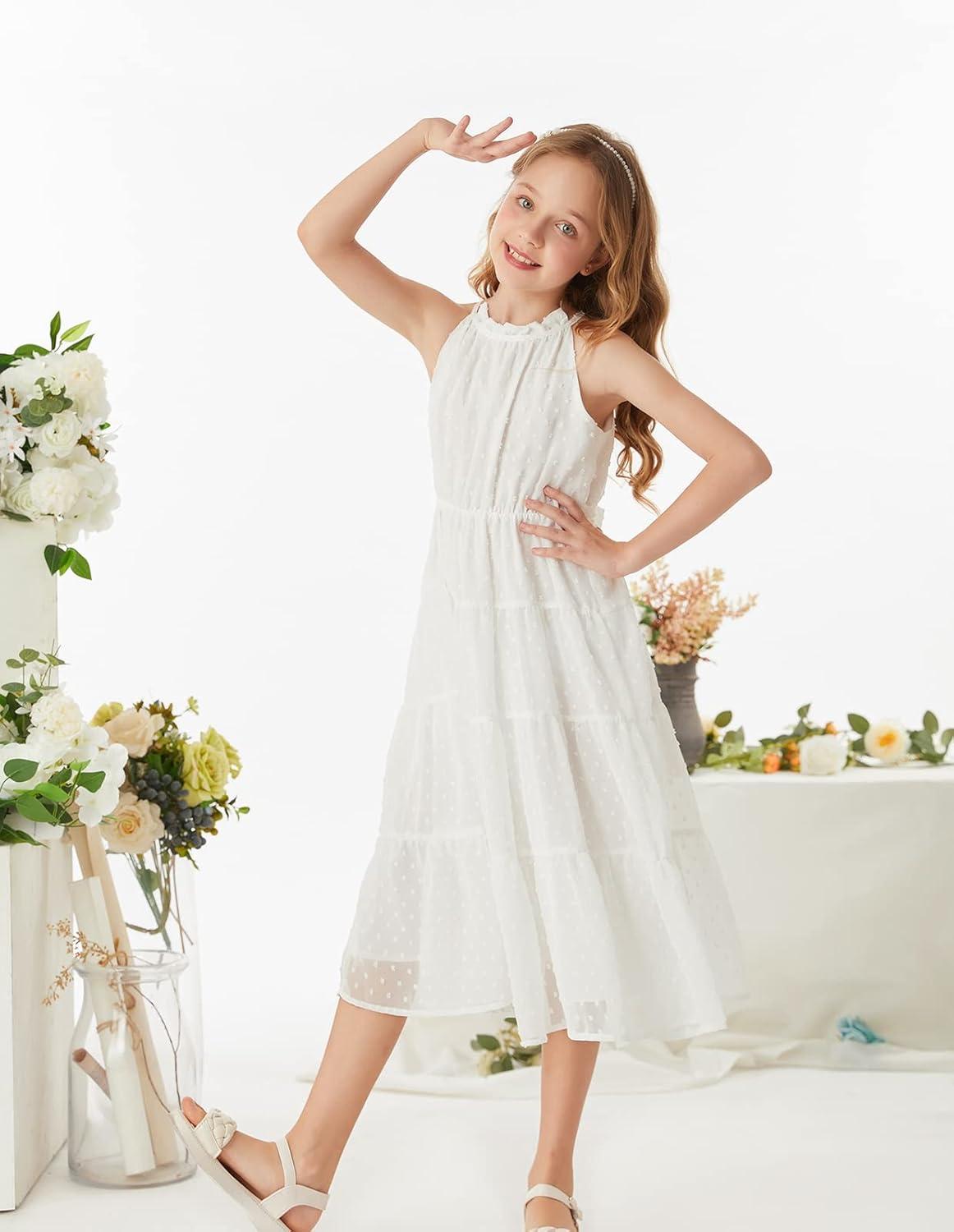 imageGRACE KARIN Girls Halter Neck Dress Sleeveless Casual Aline Flowy Summer Maxi Dress for 514 YearsWhite