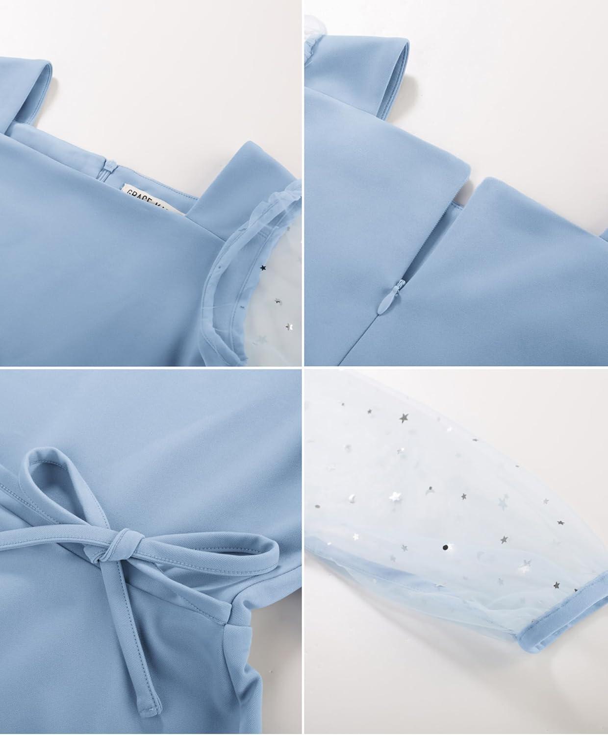 imageGRACE KARIN Girls Long Sleeve Dress Party Formal Contrast Mesh Puff High Waist Tie Square Neck 612 YearsLight Blue
