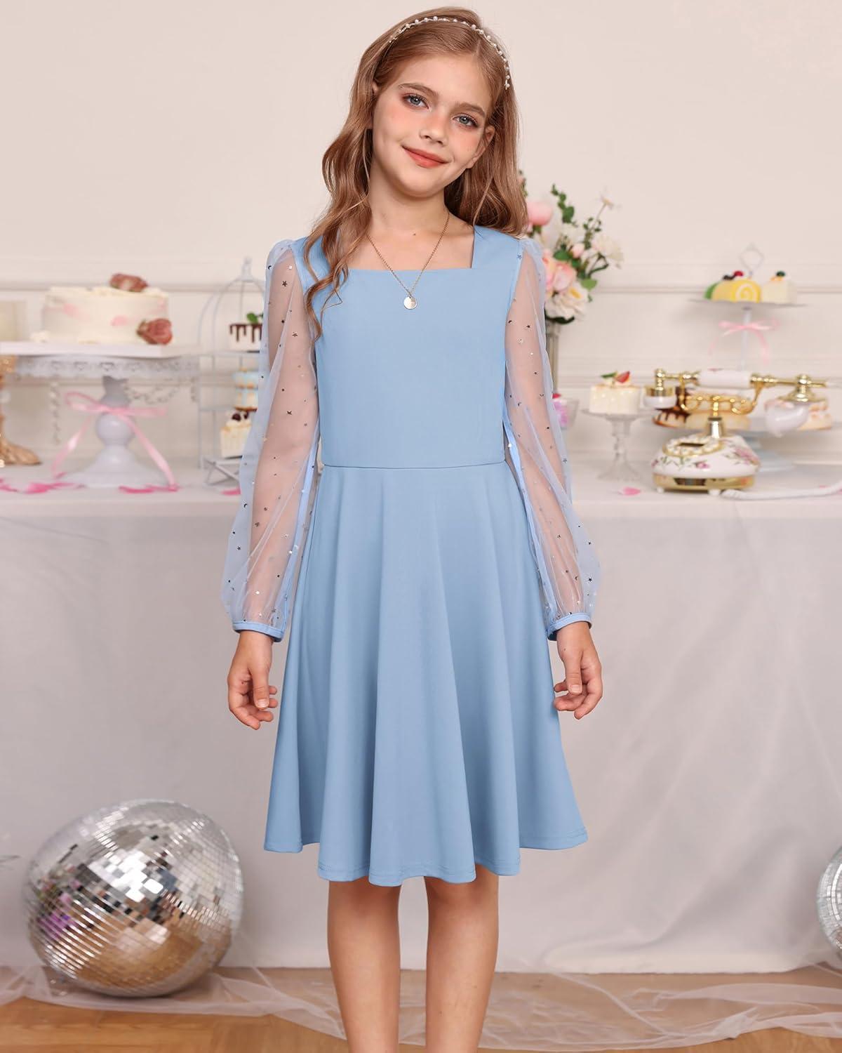 imageGRACE KARIN Girls Long Sleeve Dress Party Formal Contrast Mesh Puff High Waist Tie Square Neck 612 YearsLight Blue