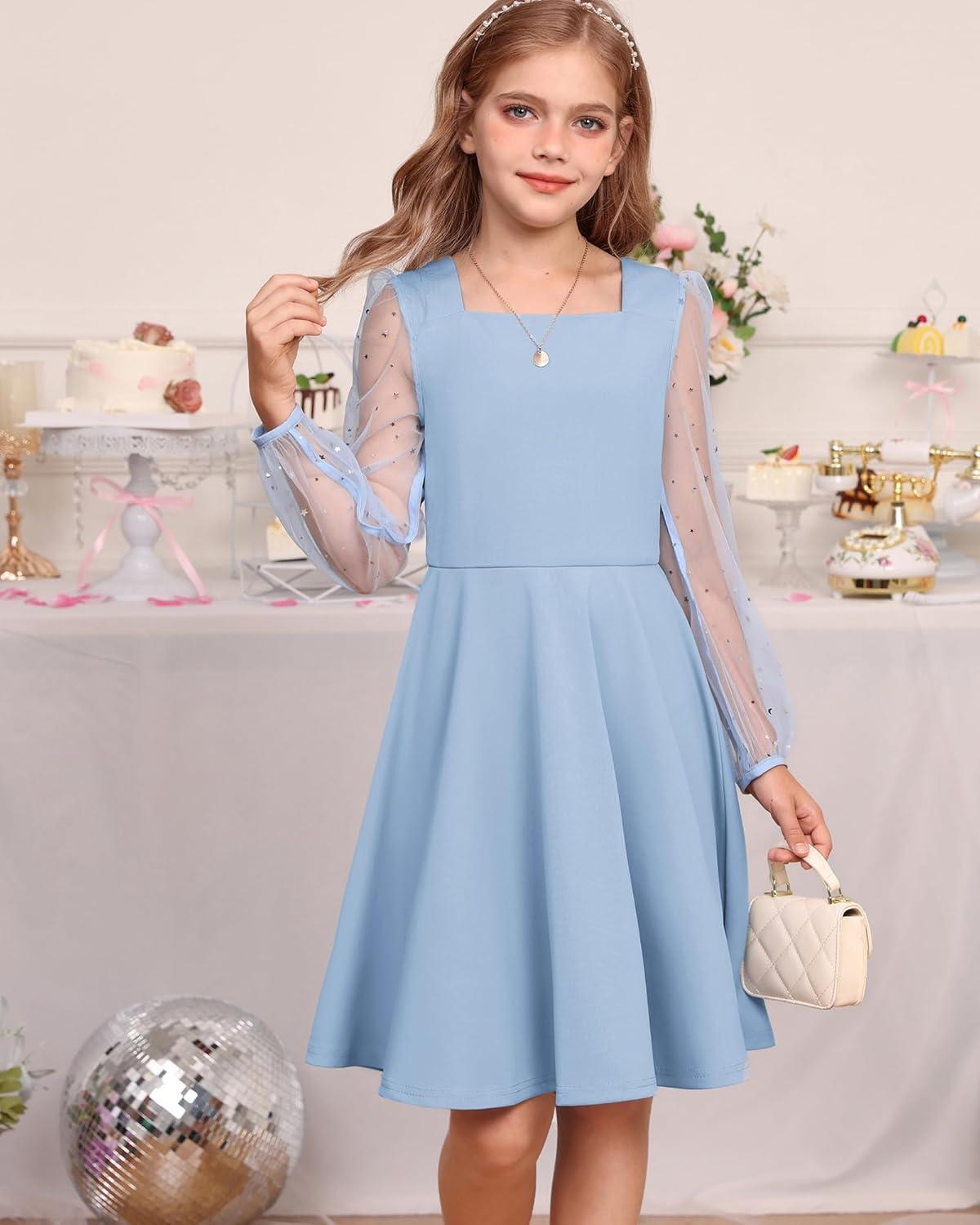 imageGRACE KARIN Girls Long Sleeve Dress Party Formal Contrast Mesh Puff High Waist Tie Square Neck 612 YearsLight Blue