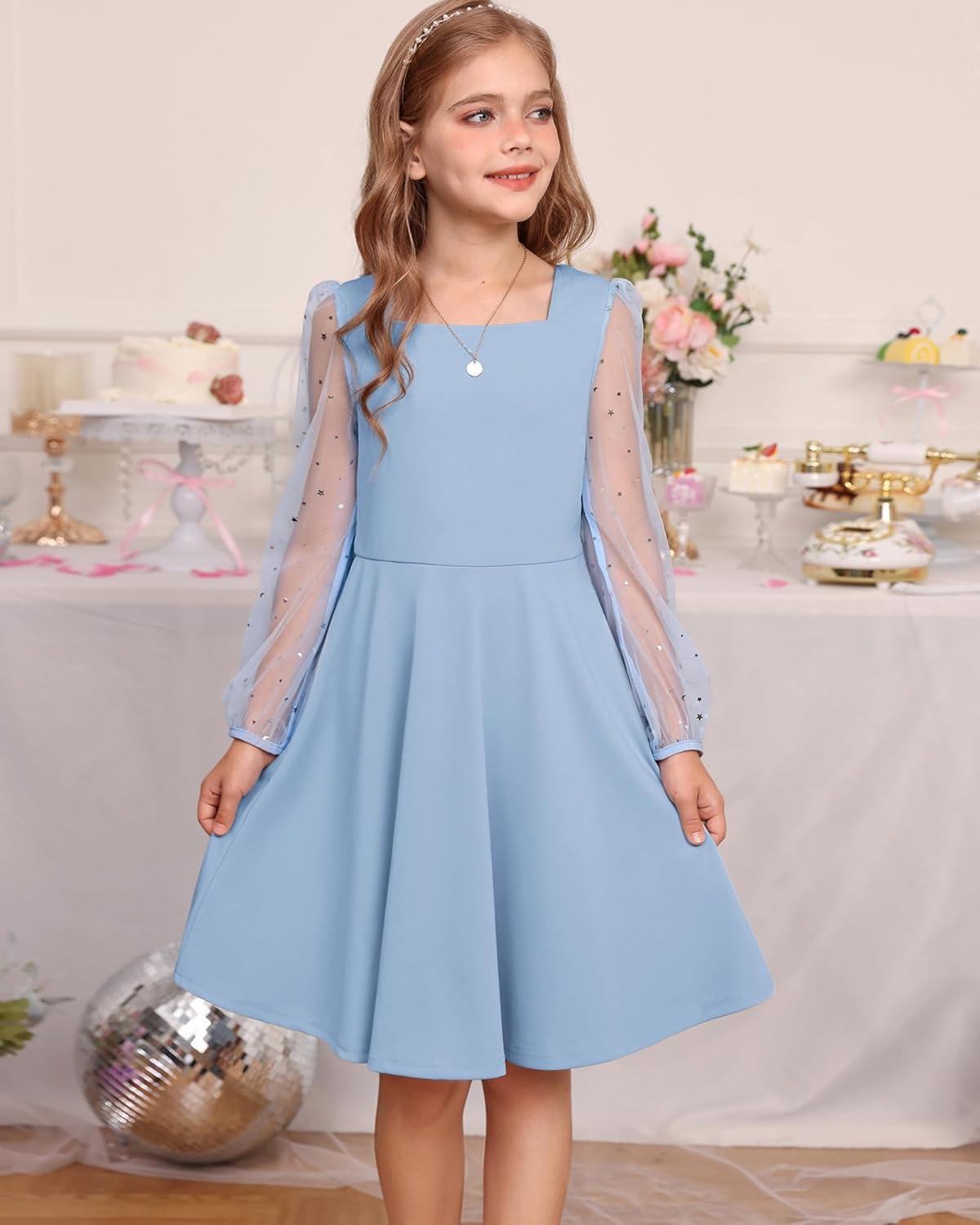 imageGRACE KARIN Girls Long Sleeve Dress Party Formal Contrast Mesh Puff High Waist Tie Square Neck 612 YearsLight Blue
