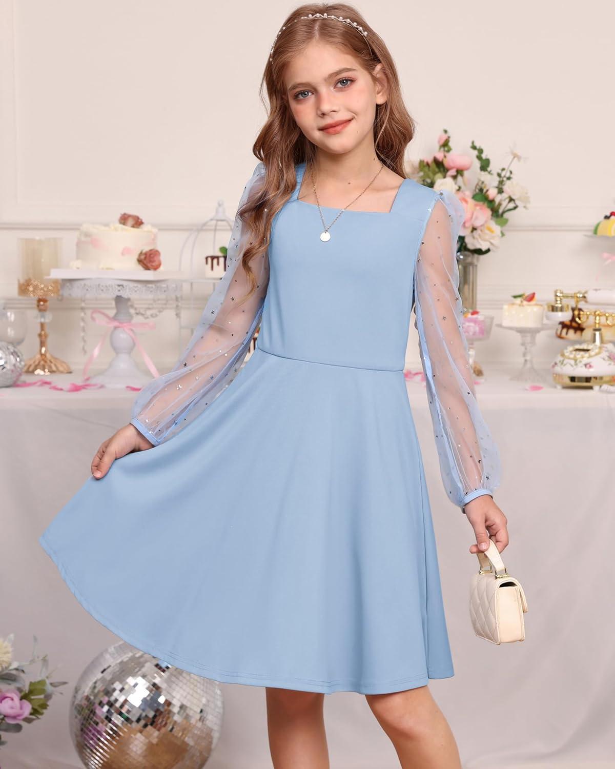 imageGRACE KARIN Girls Long Sleeve Dress Party Formal Contrast Mesh Puff High Waist Tie Square Neck 612 YearsLight Blue