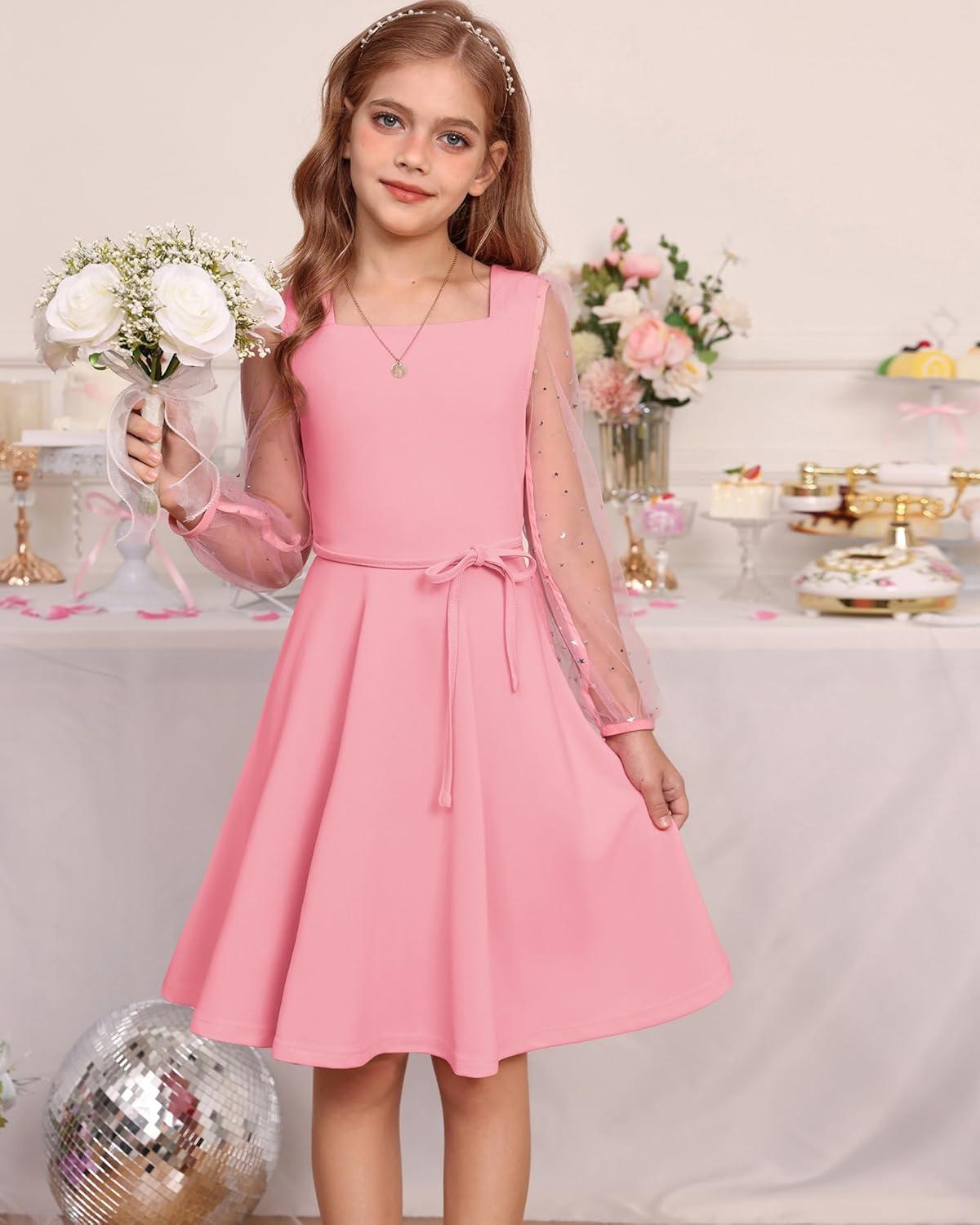 imageGRACE KARIN Girls Long Sleeve Dress Party Formal Contrast Mesh Puff High Waist Tie Square Neck 612 YearsPink