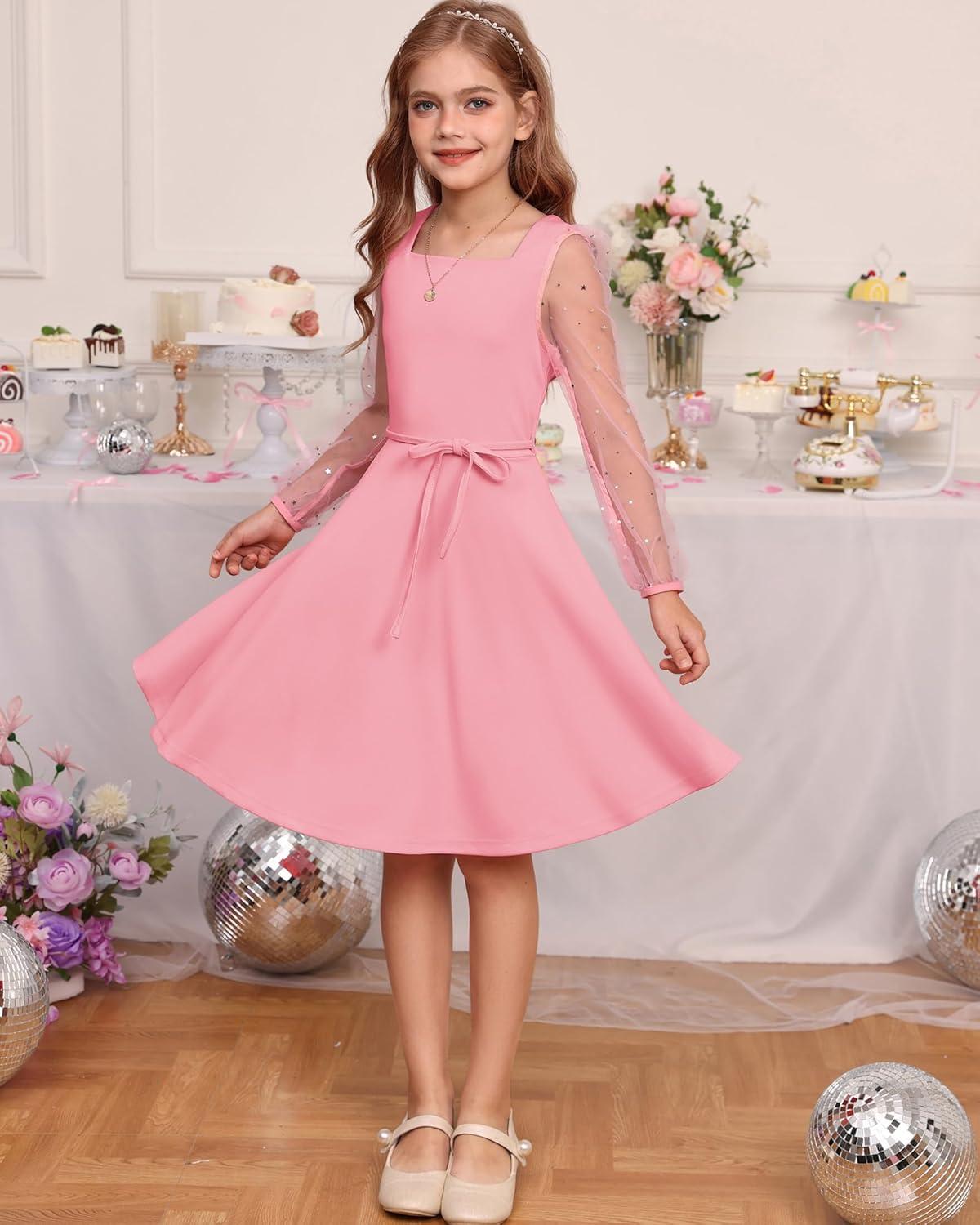 imageGRACE KARIN Girls Long Sleeve Dress Party Formal Contrast Mesh Puff High Waist Tie Square Neck 612 YearsPink