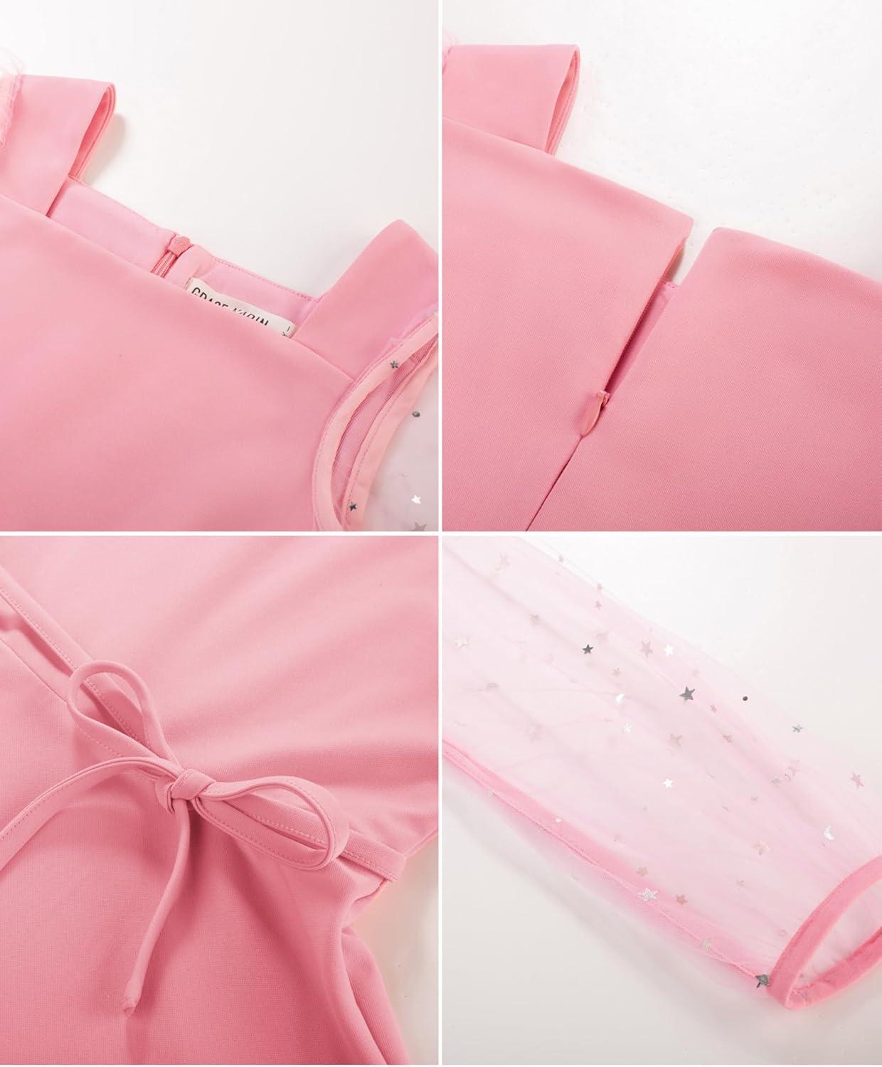 imageGRACE KARIN Girls Long Sleeve Dress Party Formal Contrast Mesh Puff High Waist Tie Square Neck 612 YearsPink