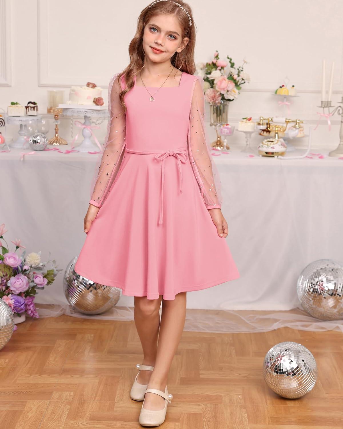imageGRACE KARIN Girls Long Sleeve Dress Party Formal Contrast Mesh Puff High Waist Tie Square Neck 612 YearsPink