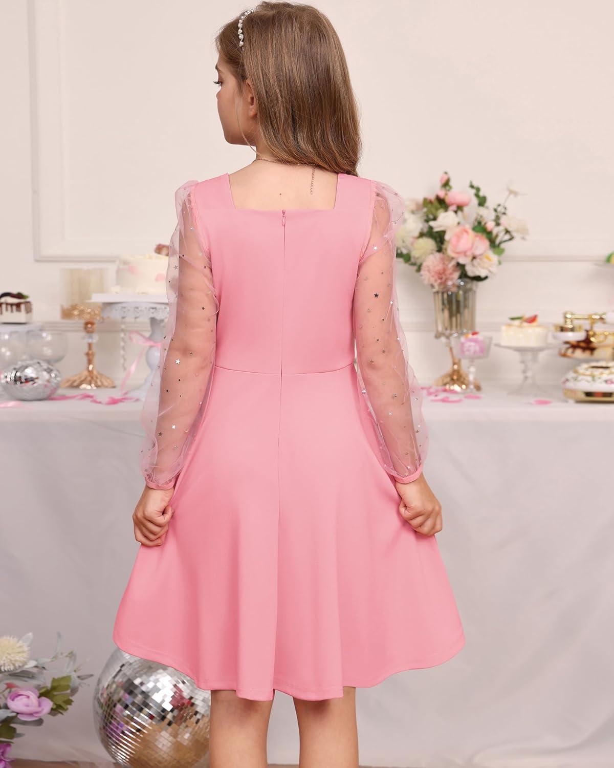 imageGRACE KARIN Girls Long Sleeve Dress Party Formal Contrast Mesh Puff High Waist Tie Square Neck 612 YearsPink