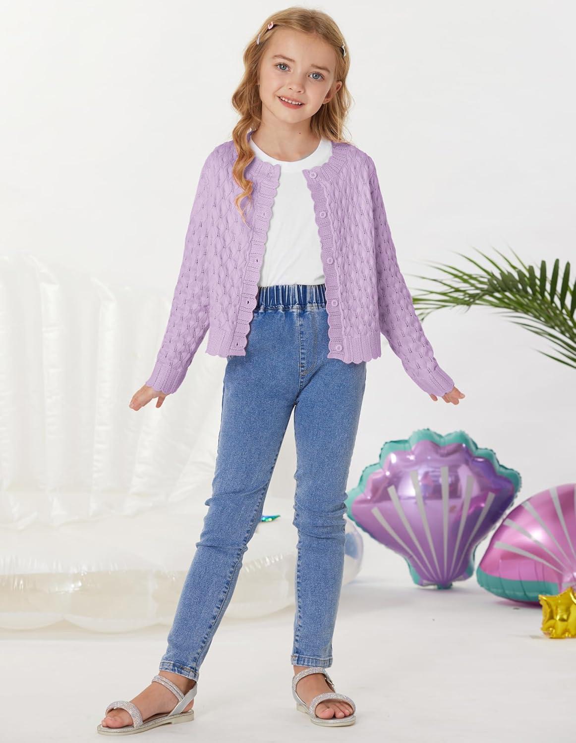 imageGRACE KARIN Girls Long Sleeve Sweater Cardigan Kids Cropped Cable Knit Button Front Sweaters 613YLavender