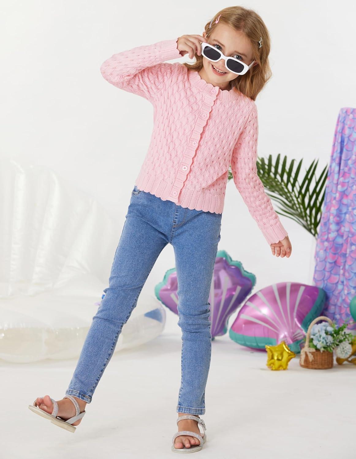 imageGRACE KARIN Girls Long Sleeve Sweater Cardigan Kids Cropped Cable Knit Button Front Sweaters 613YLight Pink