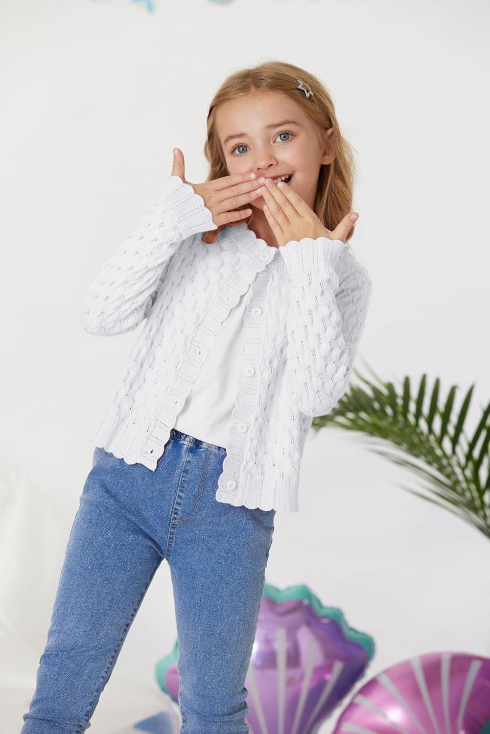 imageGRACE KARIN Girls Long Sleeve Sweater Cardigan Kids Cropped Cable Knit Button Front Sweaters 613YWhite