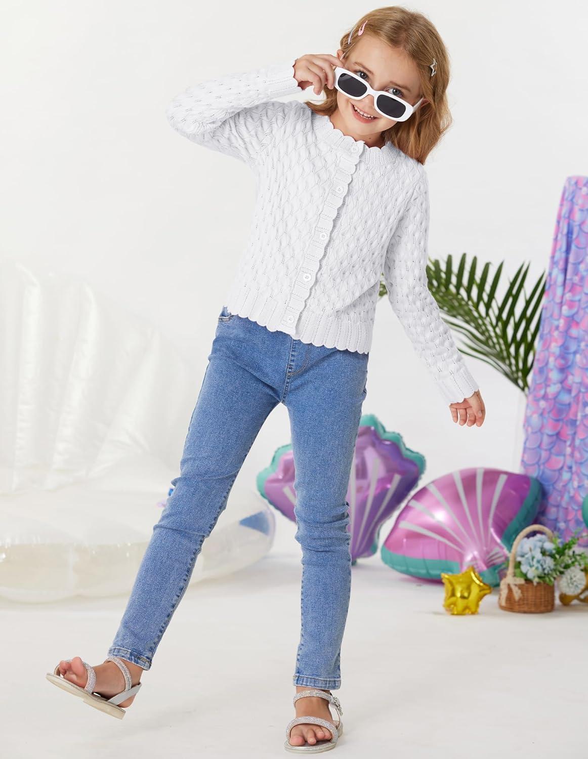 imageGRACE KARIN Girls Long Sleeve Sweater Cardigan Kids Cropped Cable Knit Button Front Sweaters 613YWhite