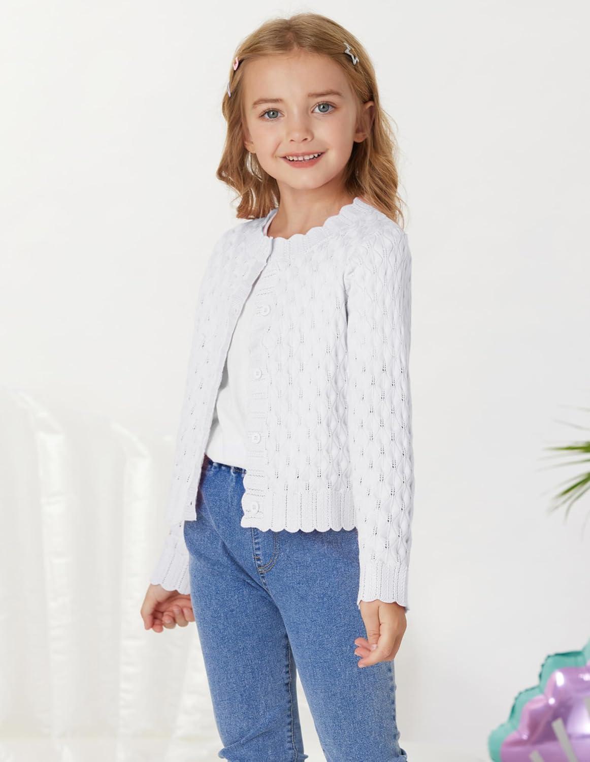 imageGRACE KARIN Girls Long Sleeve Sweater Cardigan Kids Cropped Cable Knit Button Front Sweaters 613YWhite