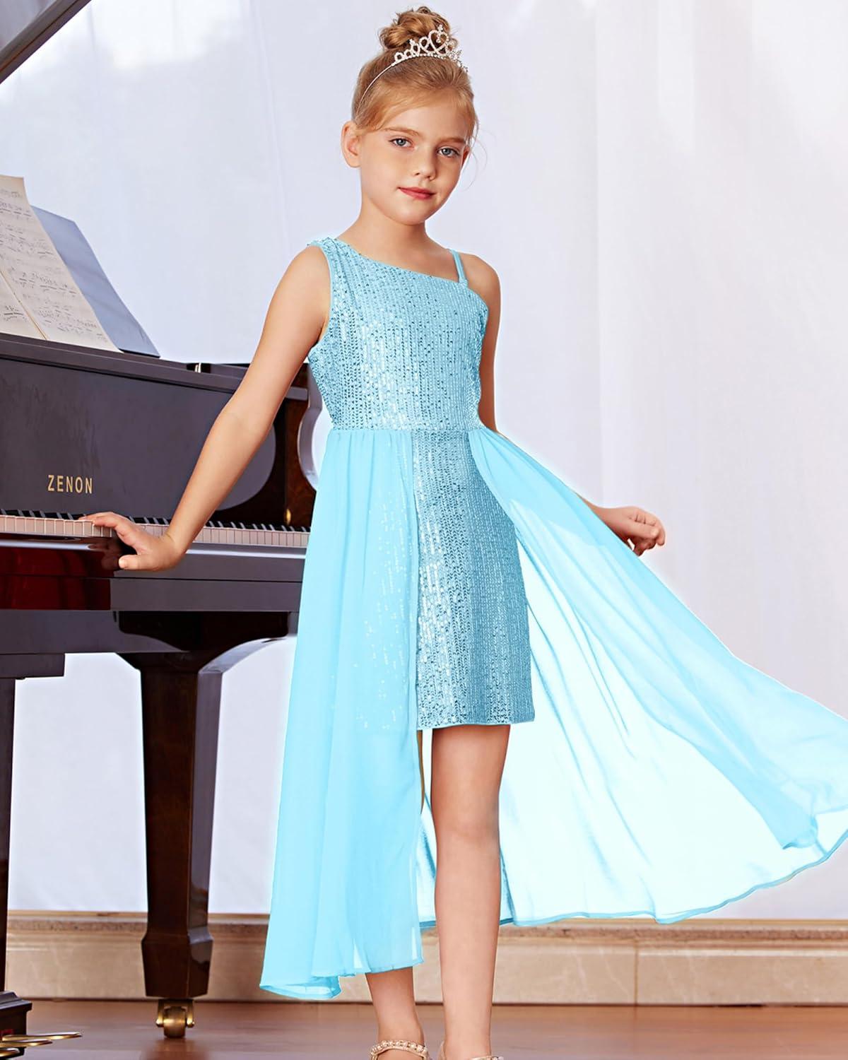 imageGRACE KARIN Girls Sequin Formal Dress Sequin Pageant Wedding Guest Dresses Birthday Fancy One Shoulder Dress Size 614Blue