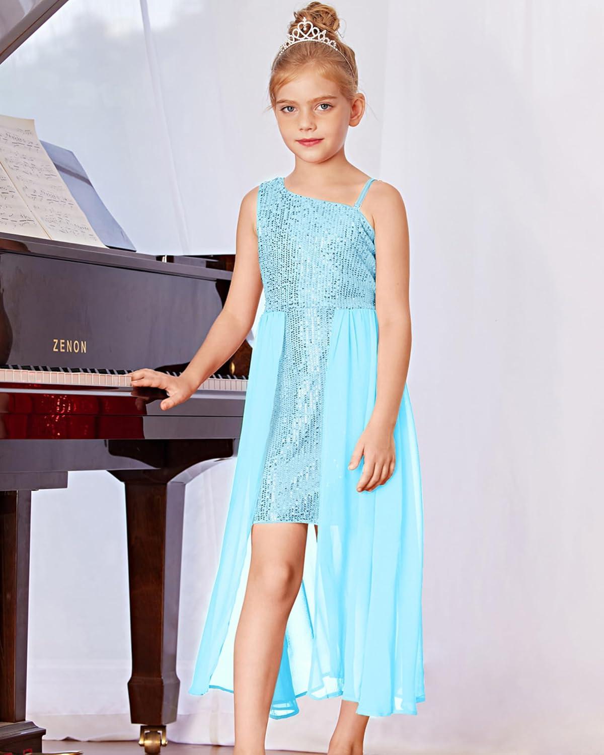 imageGRACE KARIN Girls Sequin Formal Dress Sequin Pageant Wedding Guest Dresses Birthday Fancy One Shoulder Dress Size 614Blue