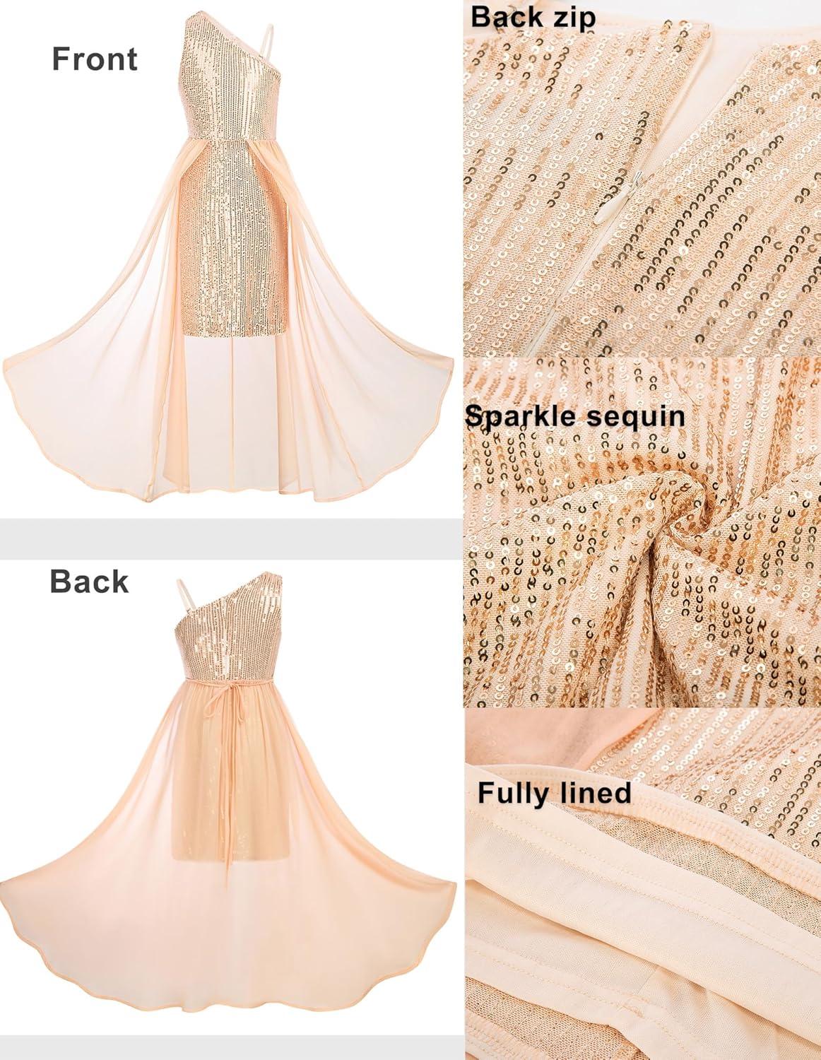 imageGRACE KARIN Girls Sequin Formal Dress Sequin Pageant Wedding Guest Dresses Birthday Fancy One Shoulder Dress Size 614Champagne