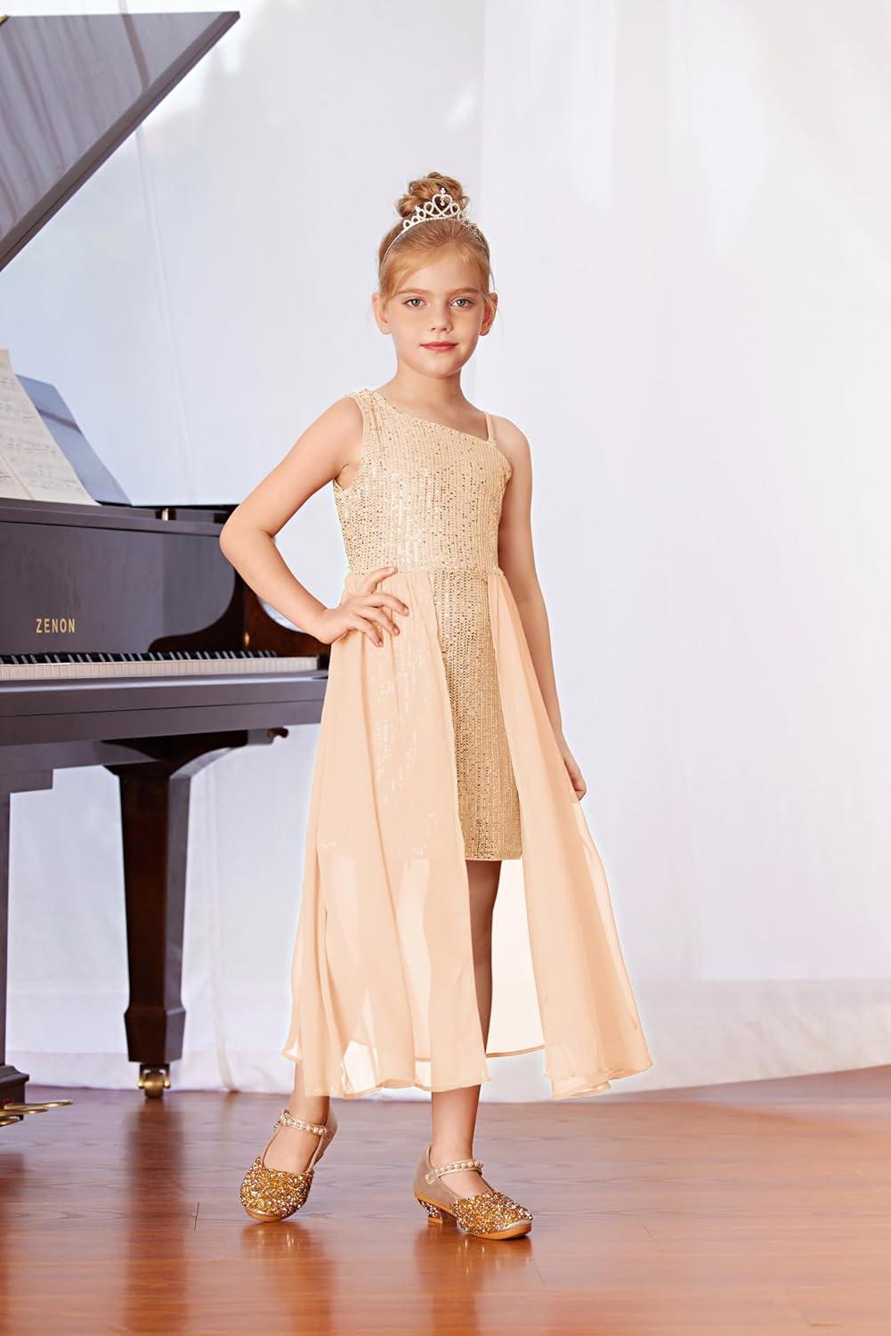 imageGRACE KARIN Girls Sequin Formal Dress Sequin Pageant Wedding Guest Dresses Birthday Fancy One Shoulder Dress Size 614Gold