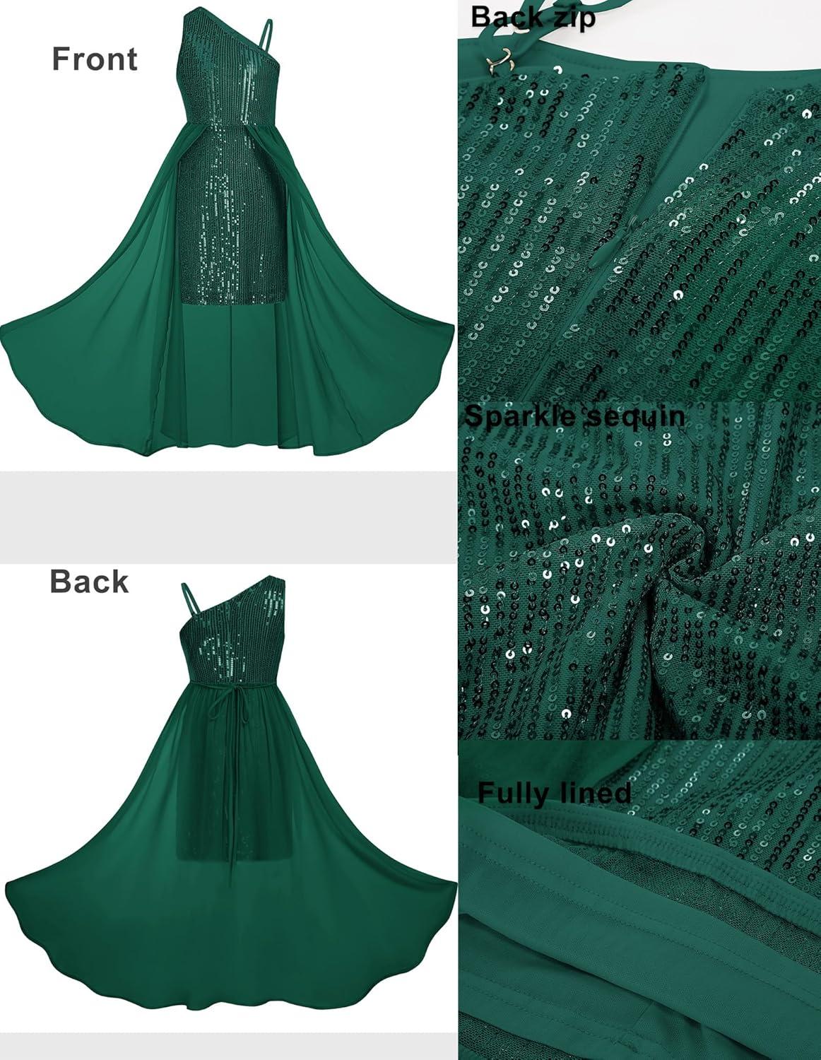 imageGRACE KARIN Girls Sequin Formal Dress Sequin Pageant Wedding Guest Dresses Birthday Fancy One Shoulder Dress Size 614Green