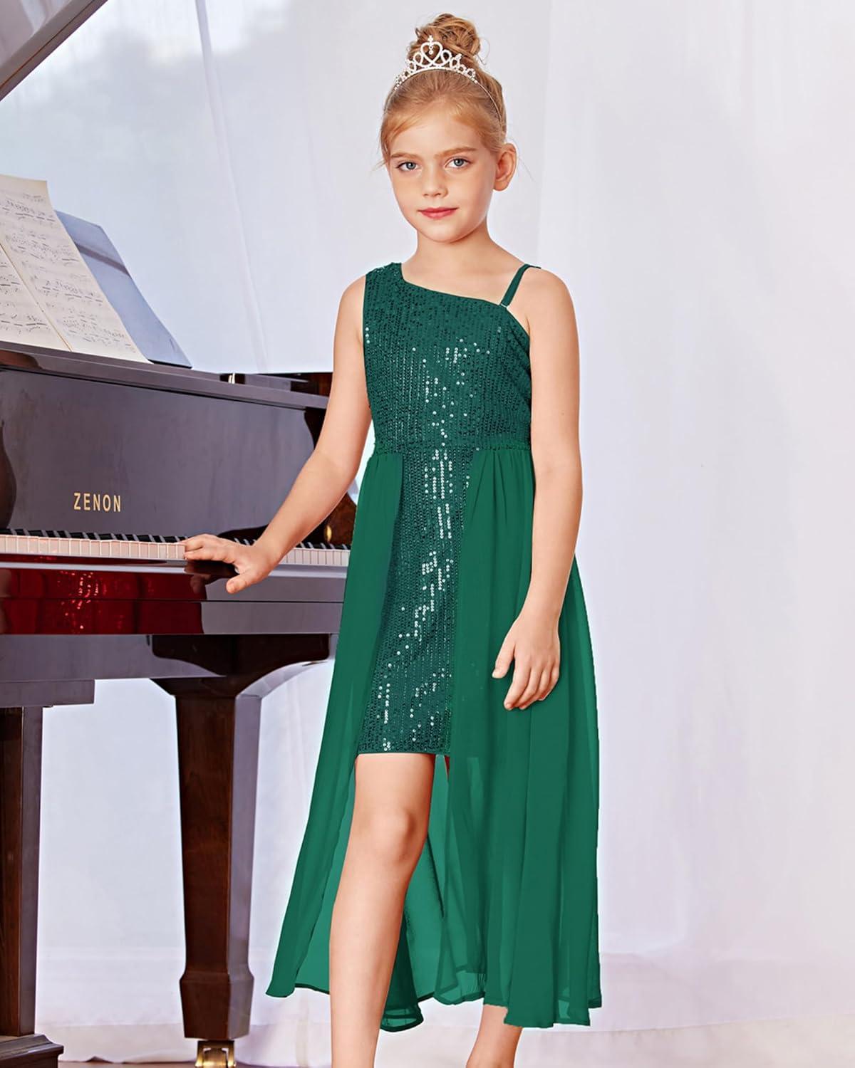 imageGRACE KARIN Girls Sequin Formal Dress Sequin Pageant Wedding Guest Dresses Birthday Fancy One Shoulder Dress Size 614Green