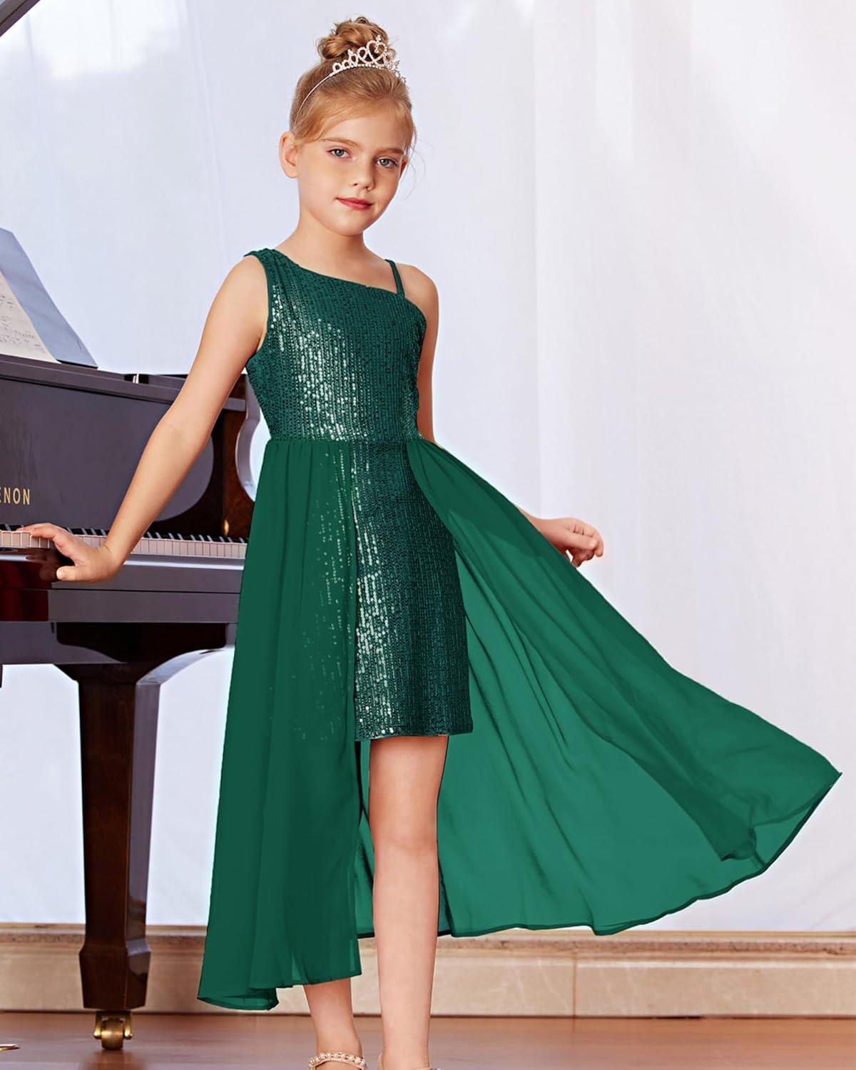 imageGRACE KARIN Girls Sequin Formal Dress Sequin Pageant Wedding Guest Dresses Birthday Fancy One Shoulder Dress Size 614Green