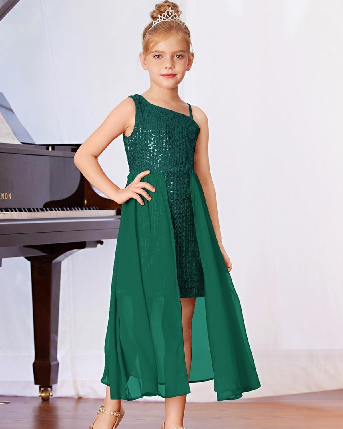 imageGRACE KARIN Girls Sequin Formal Dress Sequin Pageant Wedding Guest Dresses Birthday Fancy One Shoulder Dress Size 614Green