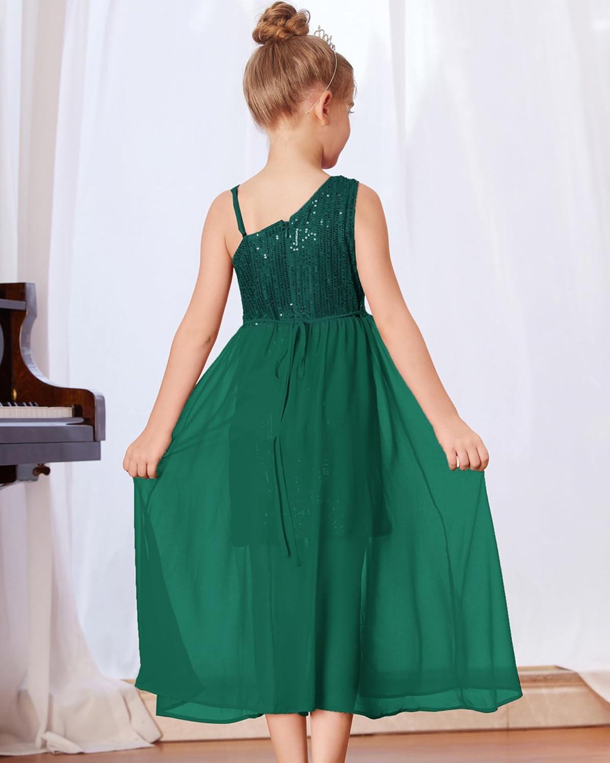 imageGRACE KARIN Girls Sequin Formal Dress Sequin Pageant Wedding Guest Dresses Birthday Fancy One Shoulder Dress Size 614Green