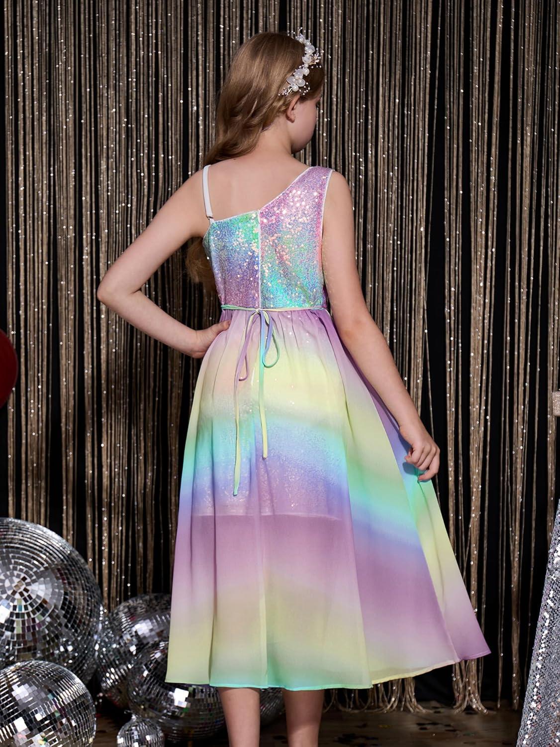 imageGRACE KARIN Girls Sequin Formal Dress Sequin Pageant Wedding Guest Dresses Birthday Fancy One Shoulder Dress Size 614Rainbow Color