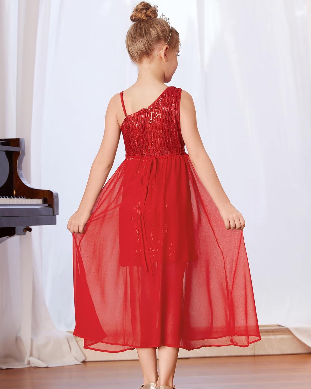 imageGRACE KARIN Girls Sequin Formal Dress Sequin Pageant Wedding Guest Dresses Birthday Fancy One Shoulder Dress Size 614Red