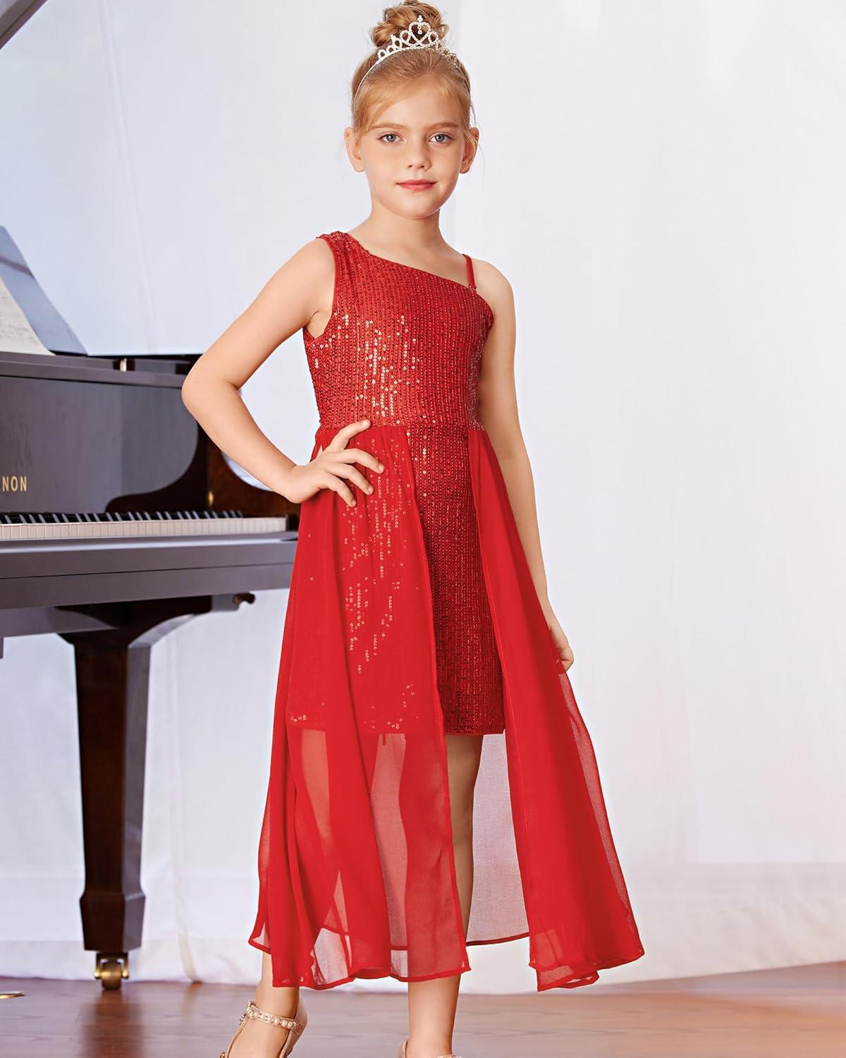 imageGRACE KARIN Girls Sequin Formal Dress Sequin Pageant Wedding Guest Dresses Birthday Fancy One Shoulder Dress Size 614Red