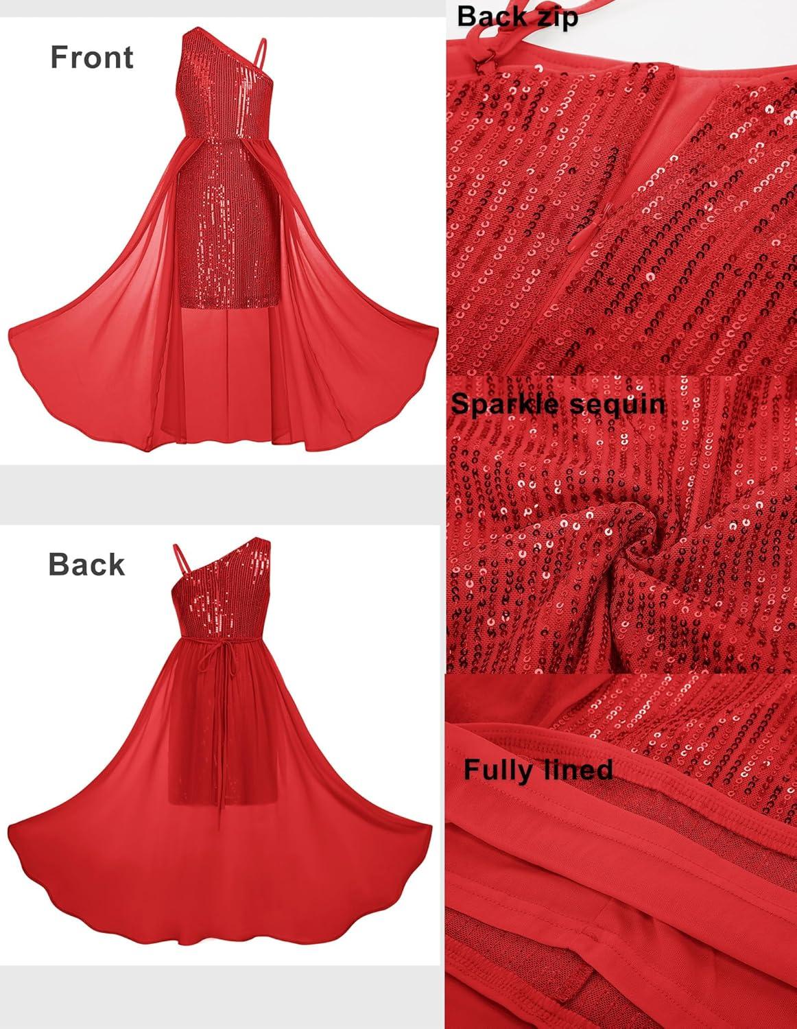 imageGRACE KARIN Girls Sequin Formal Dress Sequin Pageant Wedding Guest Dresses Birthday Fancy One Shoulder Dress Size 614Red