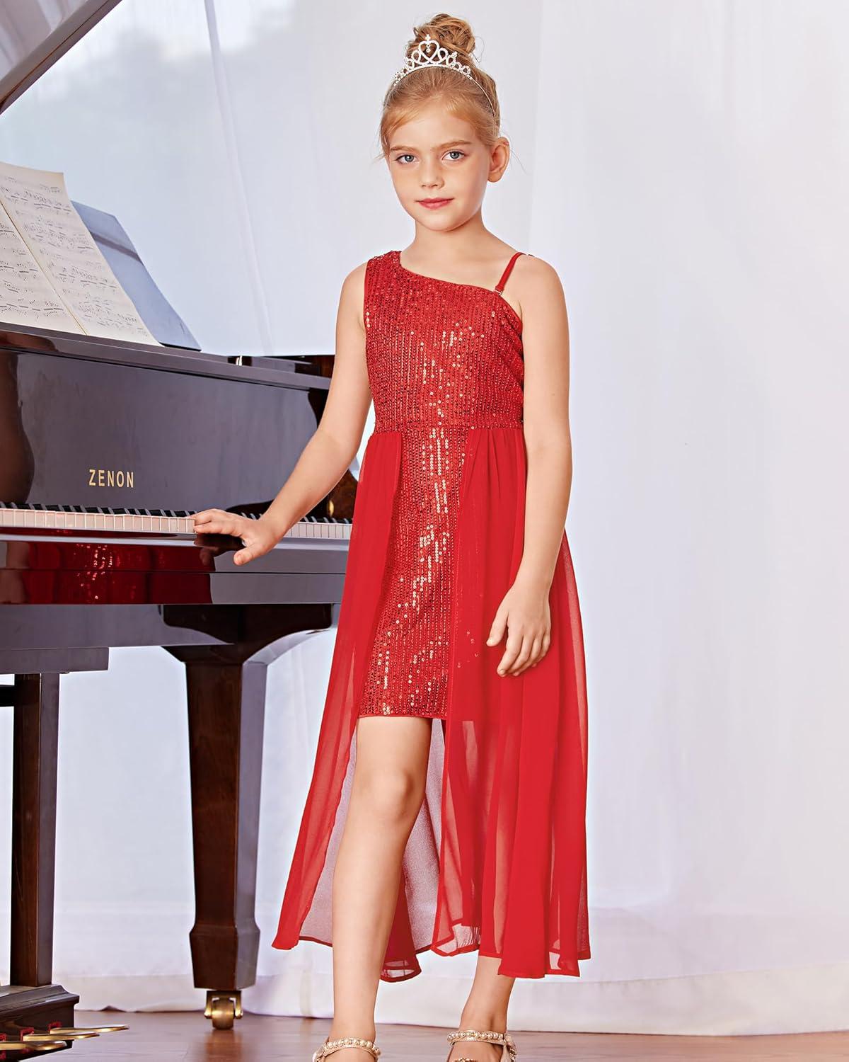 imageGRACE KARIN Girls Sequin Formal Dress Sequin Pageant Wedding Guest Dresses Birthday Fancy One Shoulder Dress Size 614Red