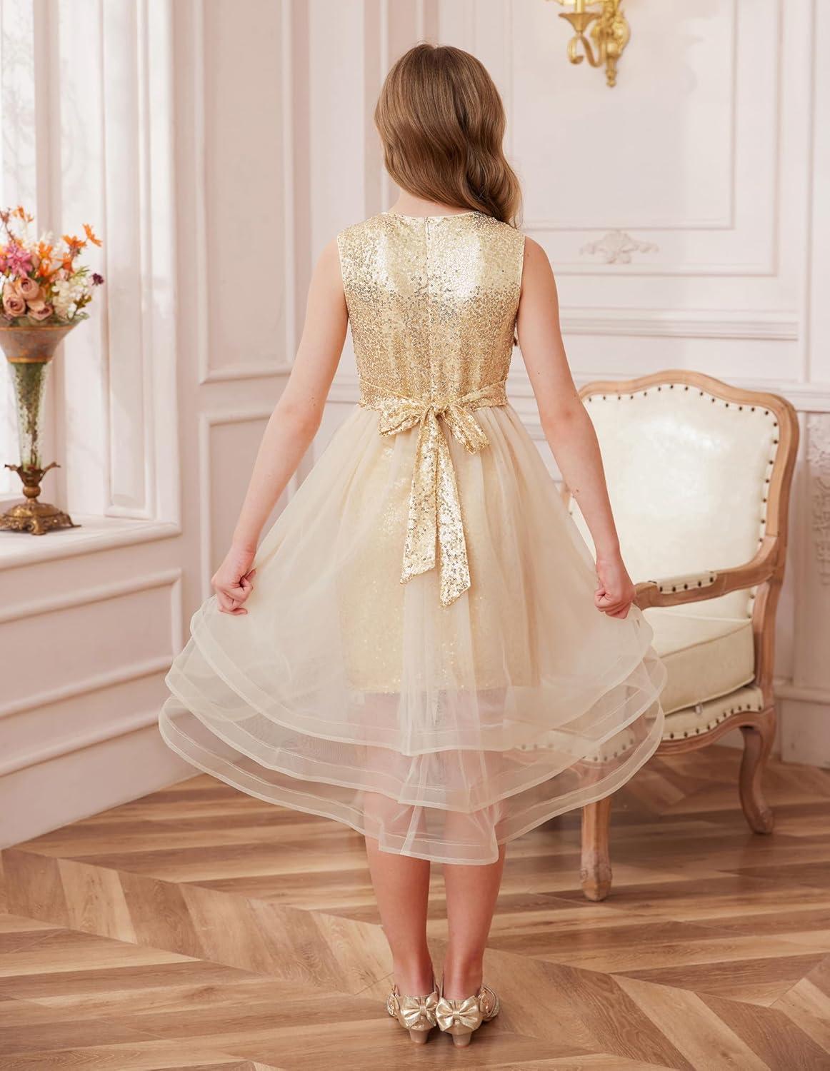 imageGRACE KARIN Girls Sequin Party Dress Sparkle Formal Birthday Pageant Prom ThreeLayer Tulle Midi Dress Size 512YChampagne Gold