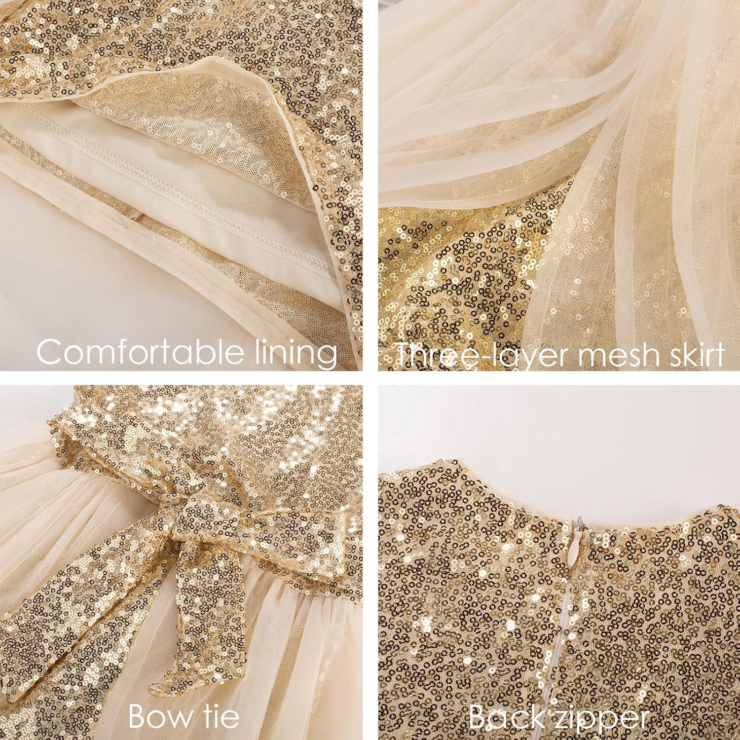 imageGRACE KARIN Girls Sequin Party Dress Sparkle Formal Birthday Pageant Prom ThreeLayer Tulle Midi Dress Size 512YChampagne Gold
