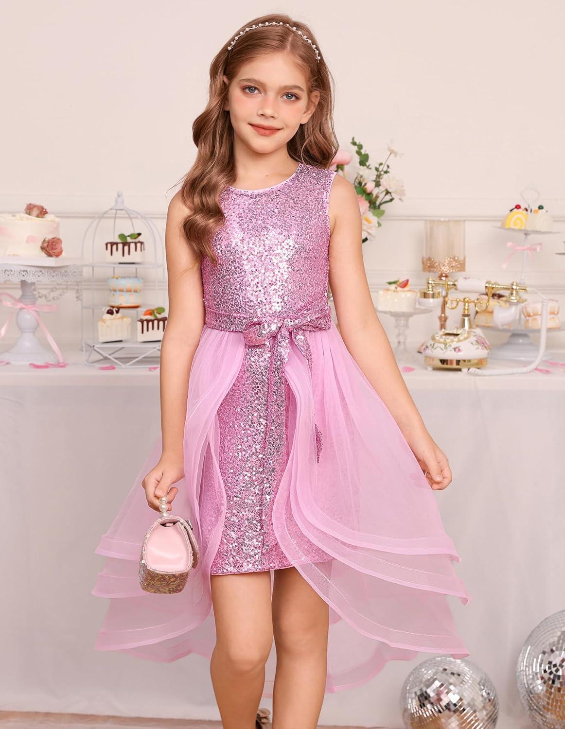 imageGRACE KARIN Girls Sequin Party Dress Sparkle Formal Birthday Pageant Prom ThreeLayer Tulle Midi Dress Size 512YPink
