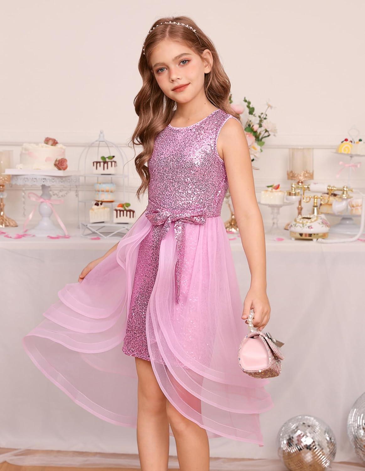 imageGRACE KARIN Girls Sequin Party Dress Sparkle Formal Birthday Pageant Prom ThreeLayer Tulle Midi Dress Size 512YPink