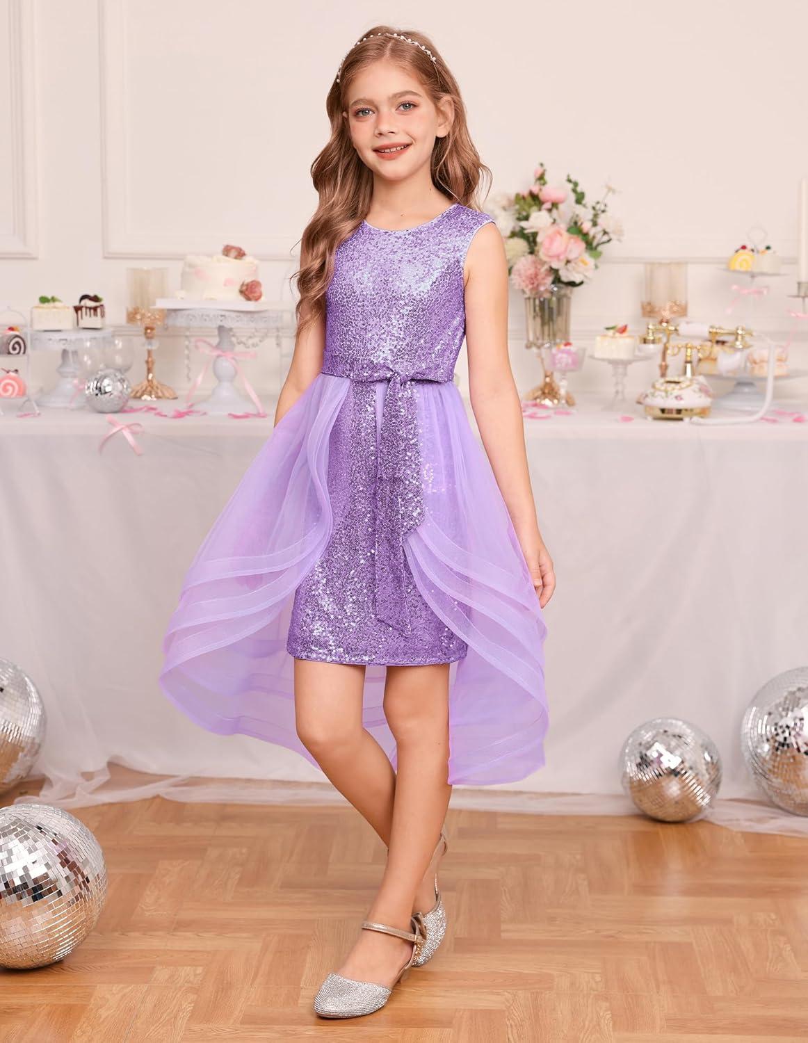 imageGRACE KARIN Girls Sequin Party Dress Sparkle Formal Birthday Pageant Prom ThreeLayer Tulle Midi Dress Size 512YPurple