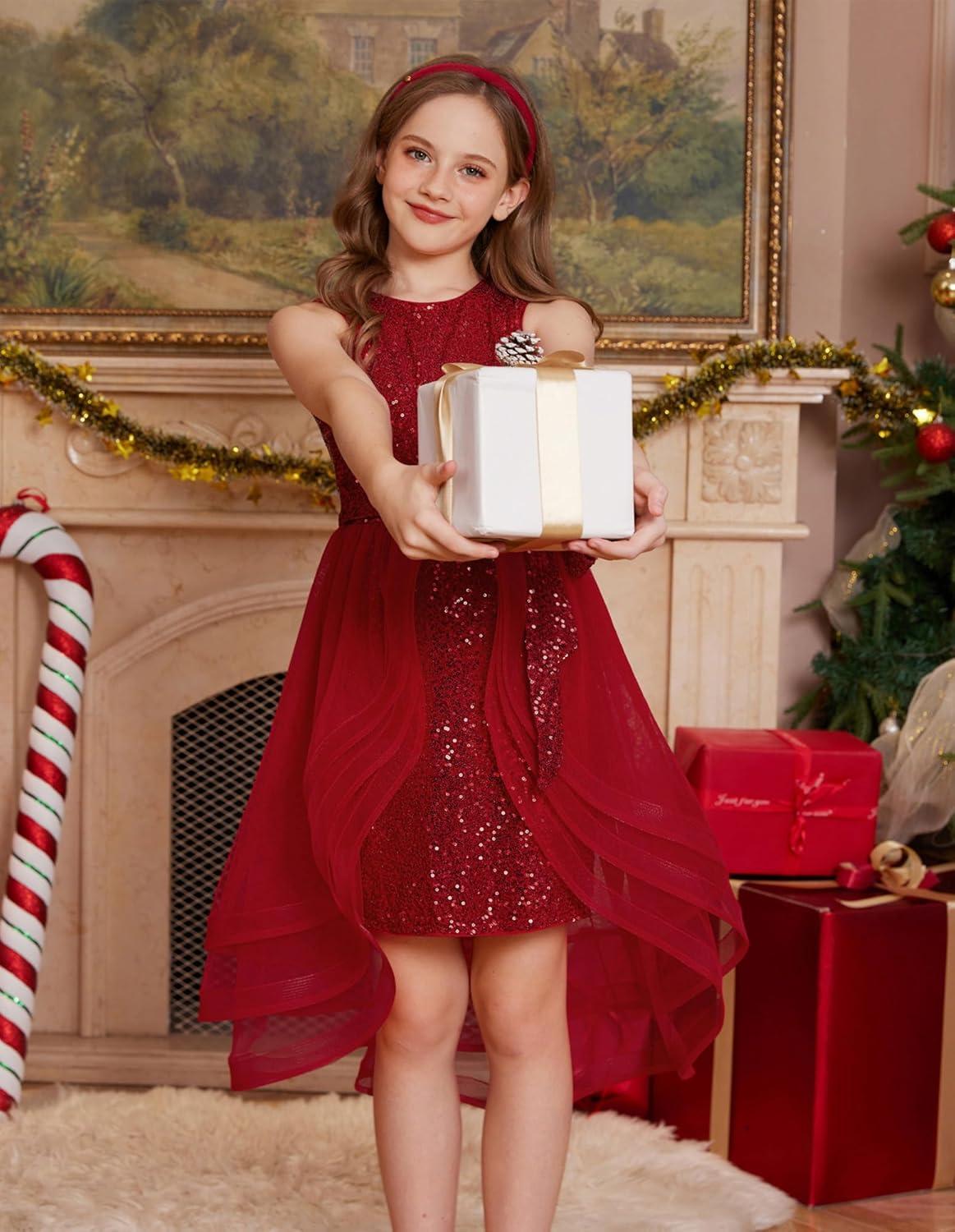 imageGRACE KARIN Girls Sequin Party Dress Sparkle Formal Birthday Pageant Prom ThreeLayer Tulle Midi Dress Size 512YRed