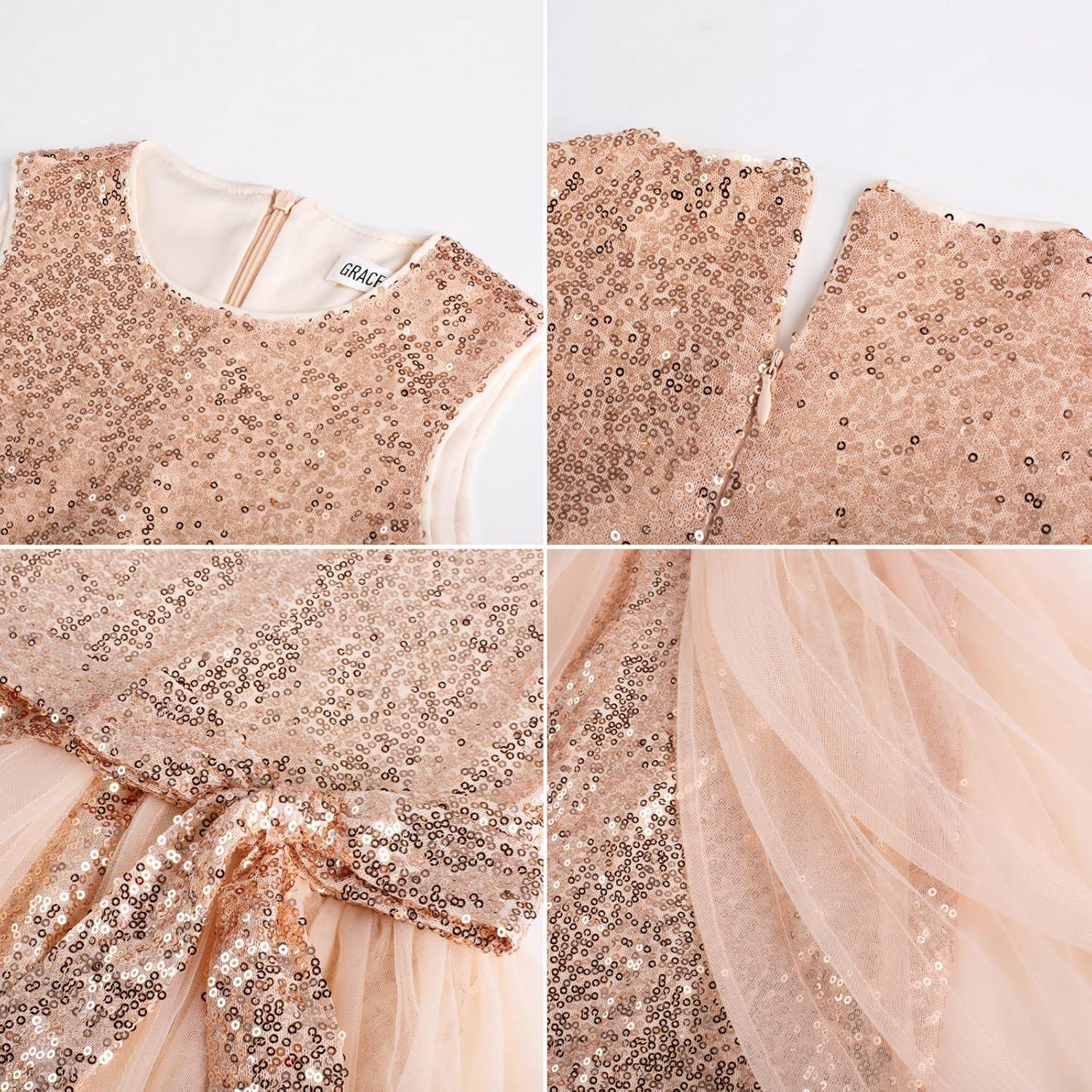 imageGRACE KARIN Girls Sequin Party Dress Sparkle Formal Birthday Pageant Prom ThreeLayer Tulle Midi Dress Size 512YRose Gold