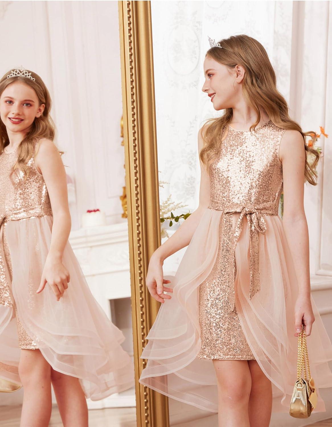 imageGRACE KARIN Girls Sequin Party Dress Sparkle Formal Birthday Pageant Prom ThreeLayer Tulle Midi Dress Size 512YRose Gold